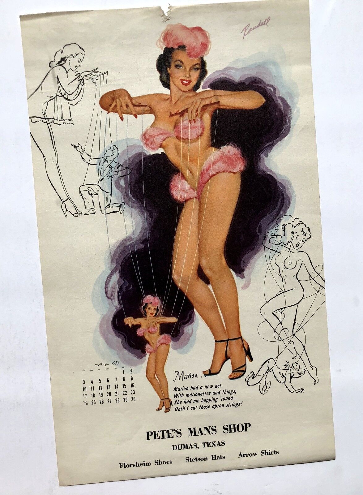 May 1953 Pinup Girl Calendar Page by Bill Randall Sexy Marionette Puppeteer