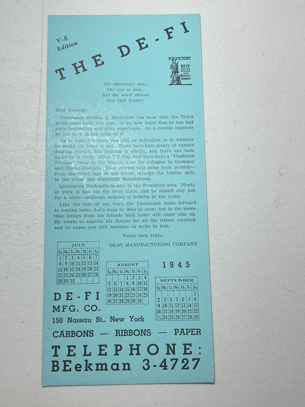 Vintage 1945 The DE-FI Mfg Co V-E Edition Buy War Bonds Advertising Ink Blotter