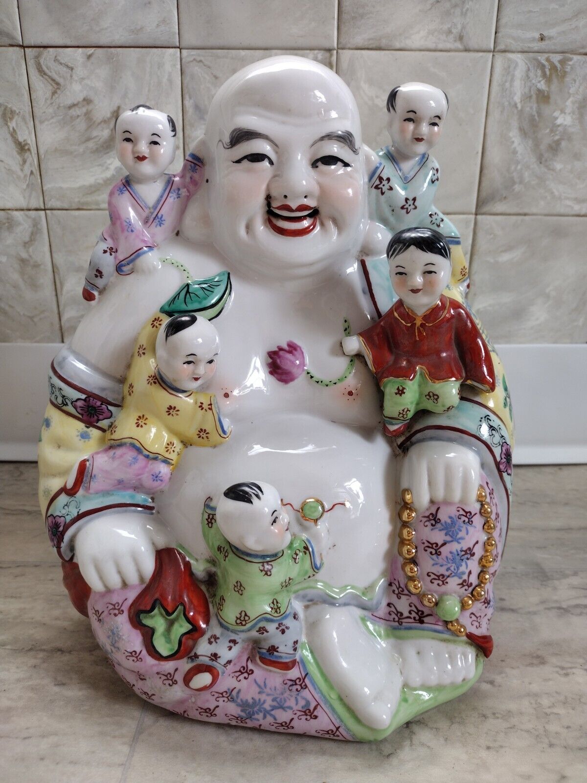Famille Rose Laughing Buddha 5 Children Fertility Statue Porcelain Vintage 12\'