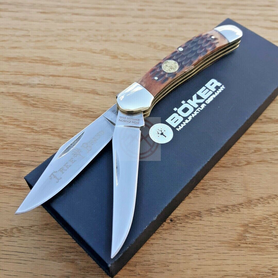 Boker Tree Brand Copperhead Pocket Knife Stainless Blades Brown Bone Handle