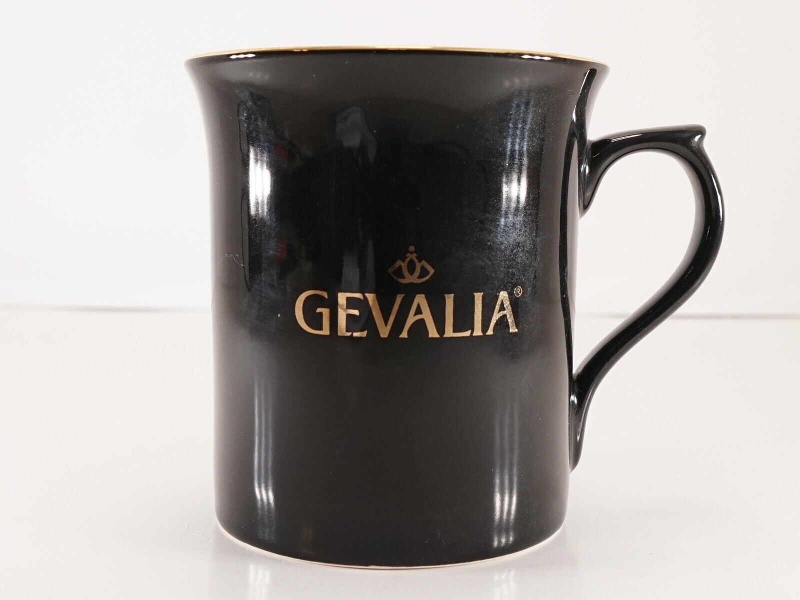 GEVALIA Porcelain Coffee Mug Tea Cup Black Gold Trim Wording MINT