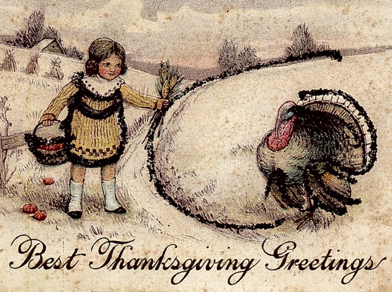 c1910 THANKSGIVING GREETINGS TURKEY YOUNG GIRL TINSELED EMBOSSED POSTCARD 34-62