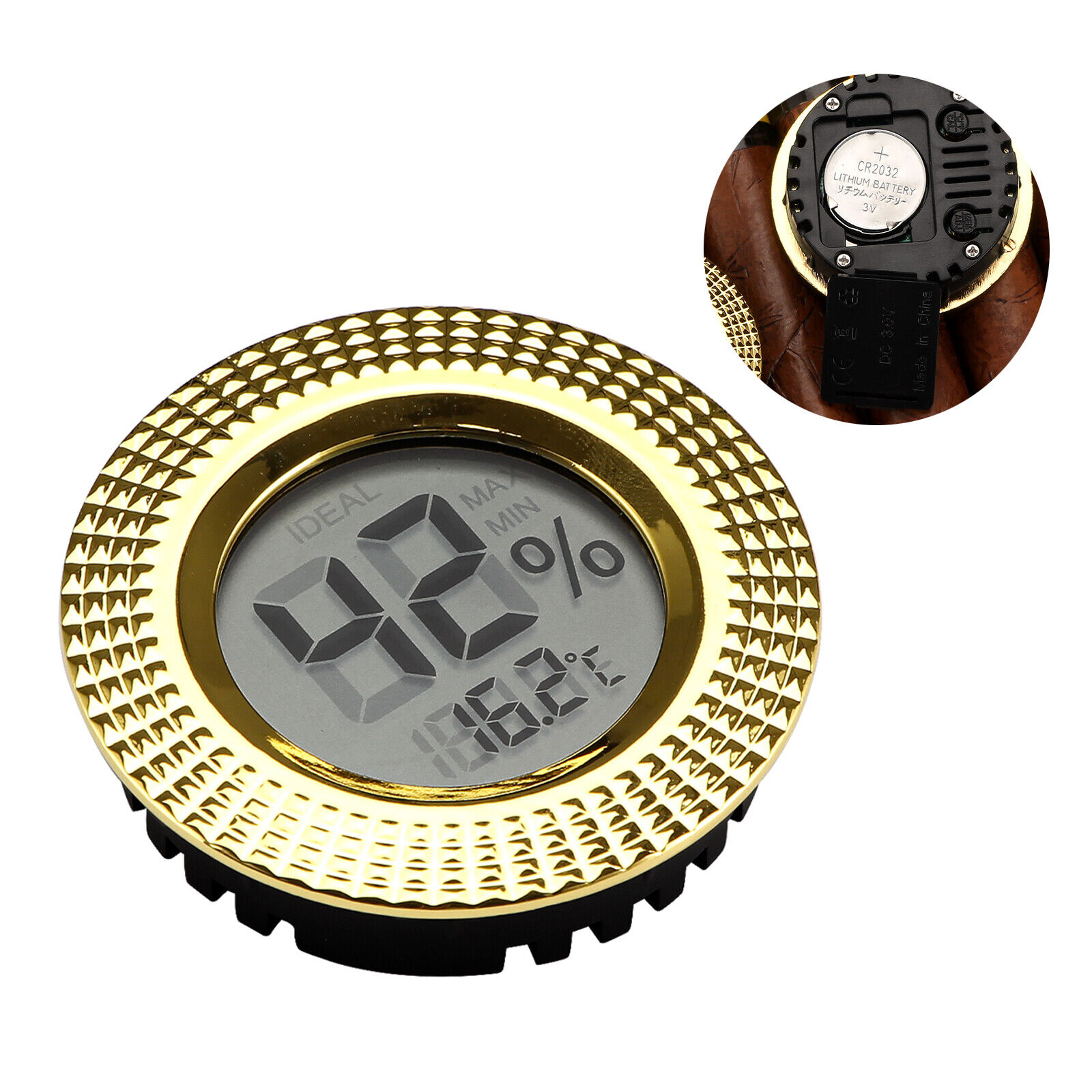 1 PC Travel Digital Cigar Humidor Hygrometer Round Gold Gauge New Thermometer