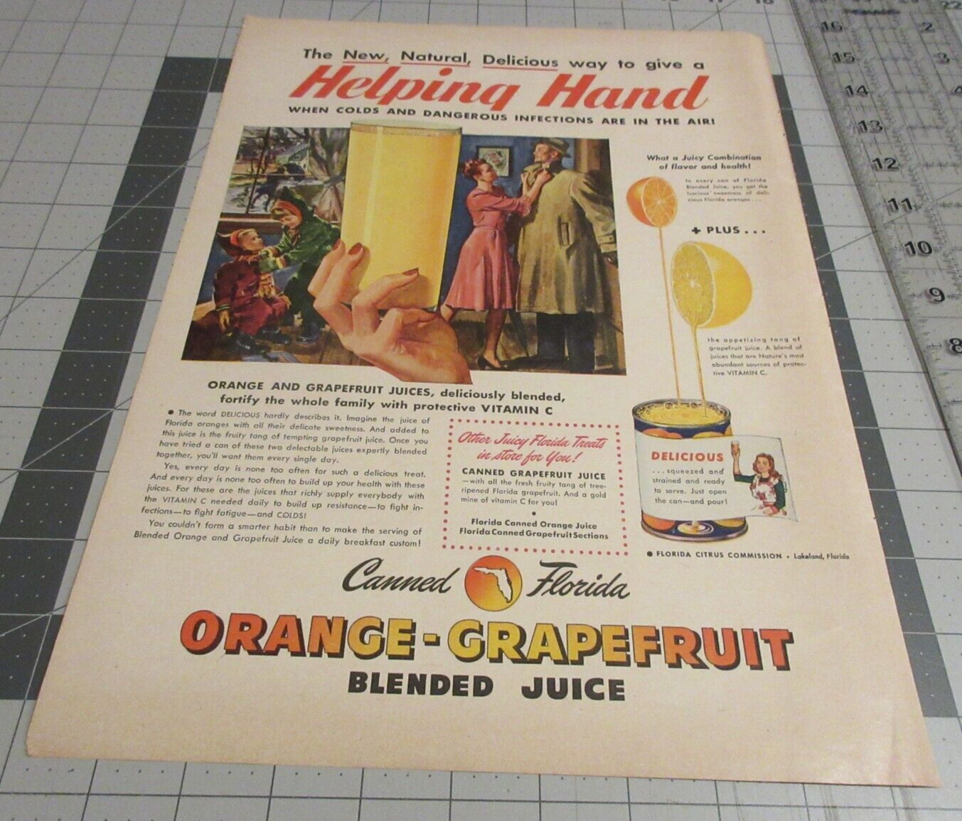 1945 Florida Citrus Grapefruit - Orange Drink, Helping Hand, Vintage Print Ad