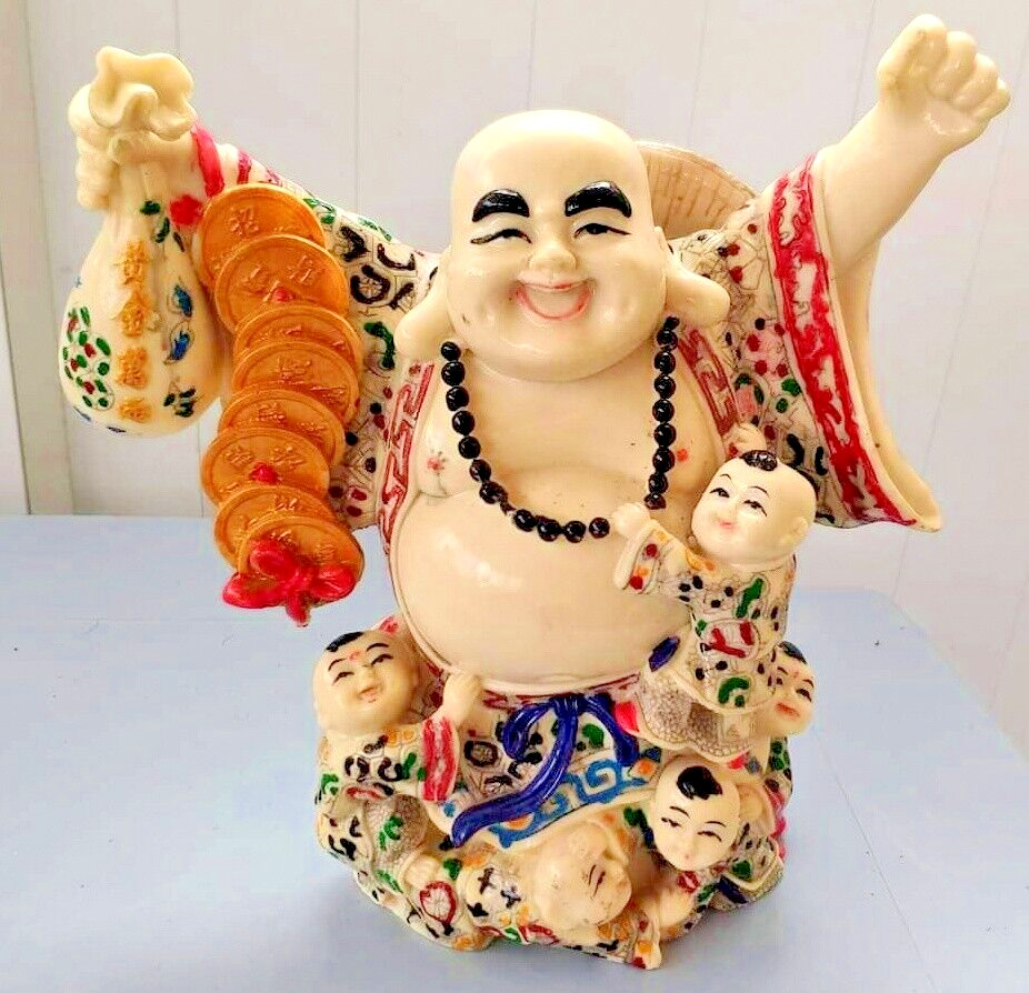 Statue Famille Rose Laughing Buddha Children Happiness Fertility Vintage Resin