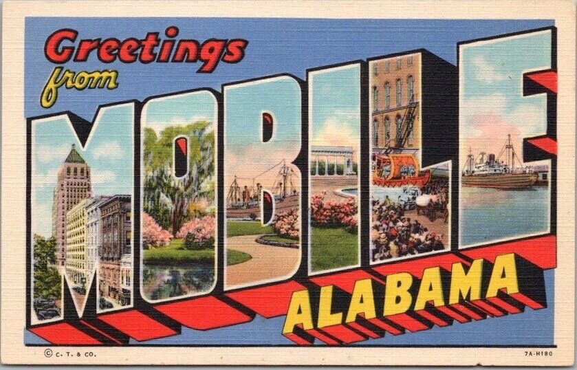 MOBILE, Alabama Large Letter Postcard Multi-View / Curteich Linen c1937 Unused