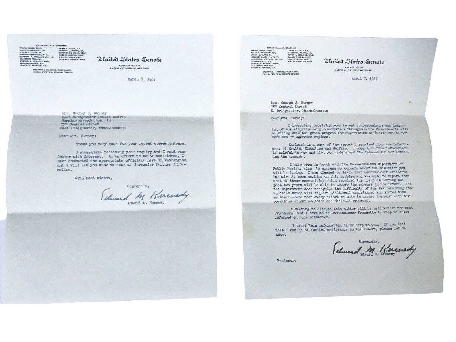 1967 US Senator Edward Kennedy Signed 2 Letters Re: Home Health Grant Expiring