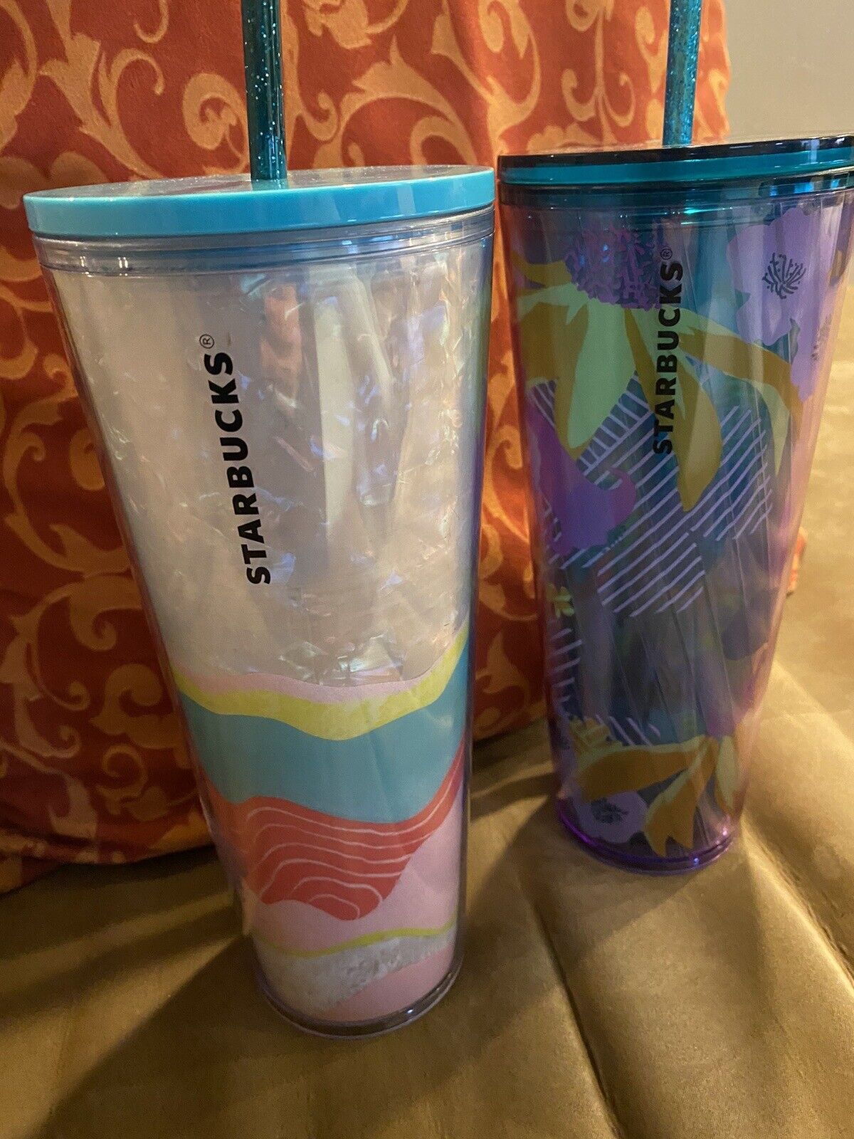🔥 TWO - Starbucks 24 oz Tumblers With Straw Flowers Summer Waves SET