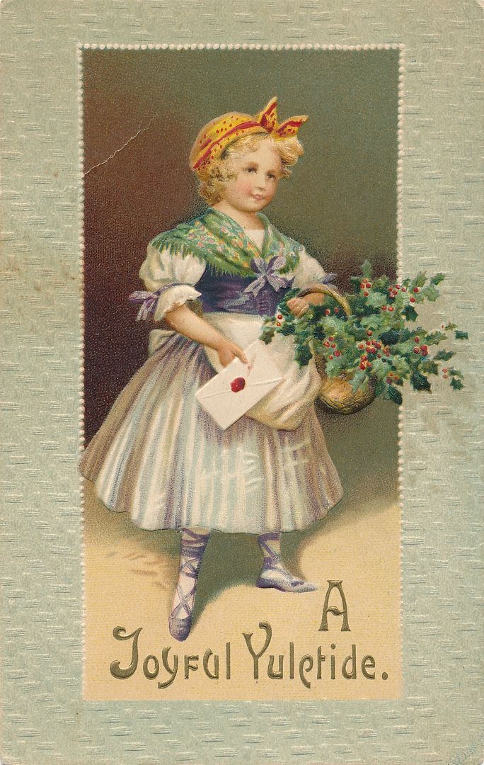 CHRISTMAS - Girl Holding Card and Basket Of Flowers A Joyful Yuletide Postcard