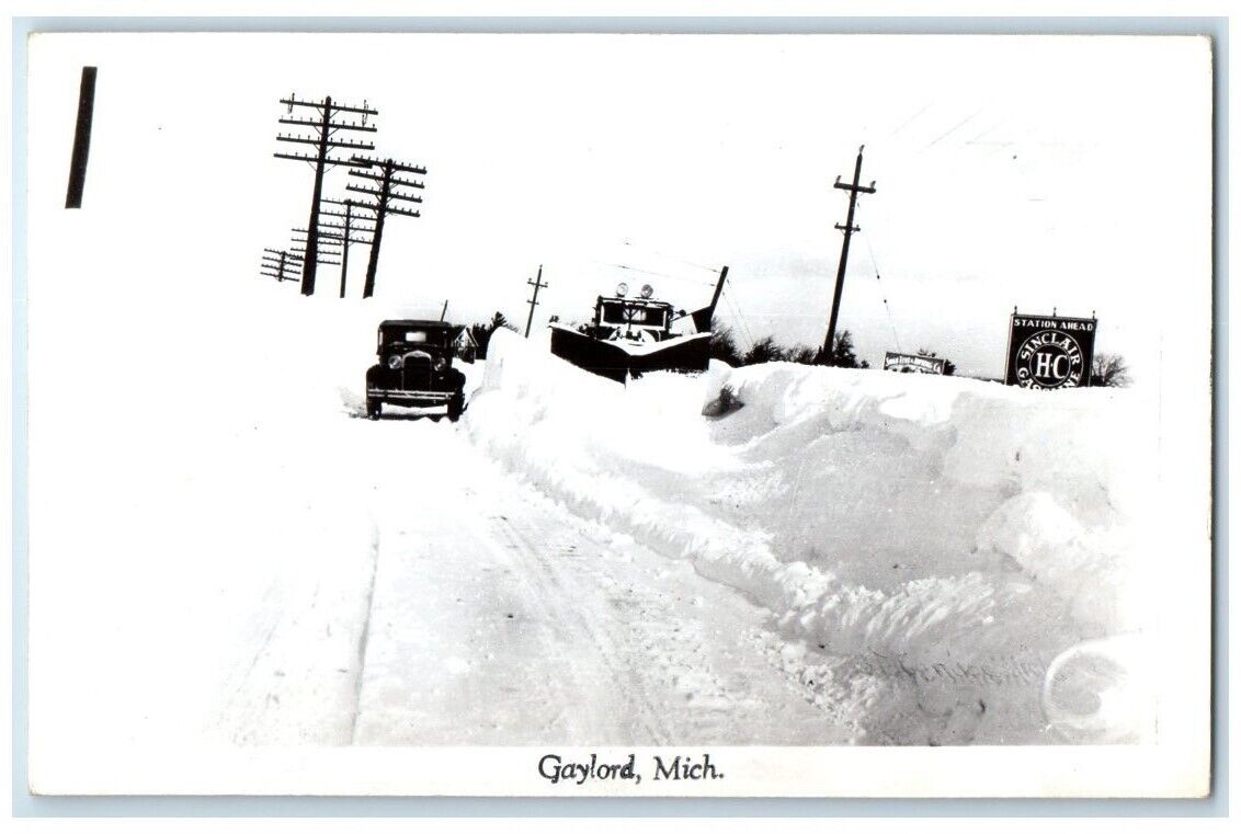 c1950\'s Snow Plow Winter Blizzard Scene Gasoline Gaylord MI RPPC Photo Postcard