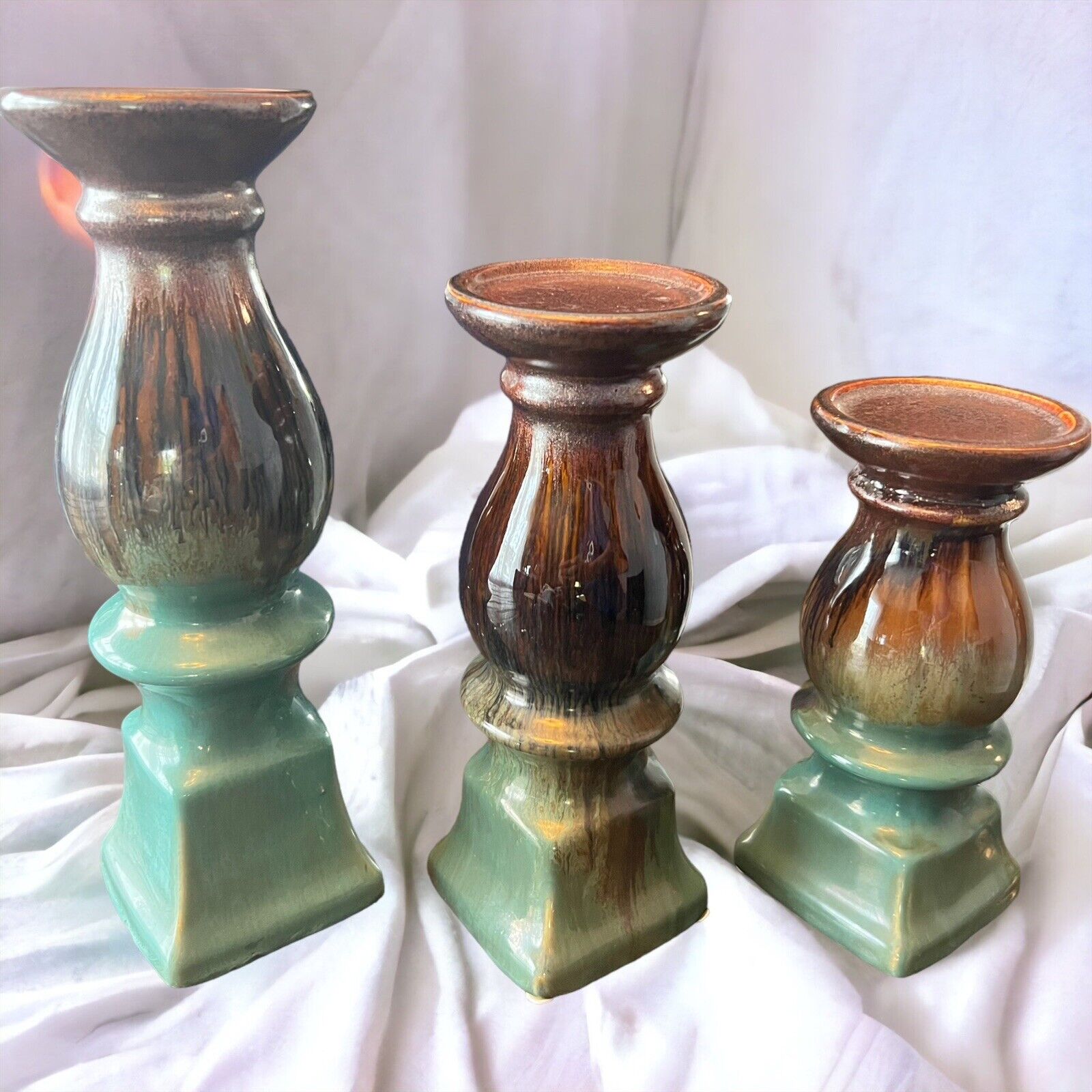 Ceramic Pottery Glazed Candlestick Holder Set Of 3  Pillar Candles Brown Green