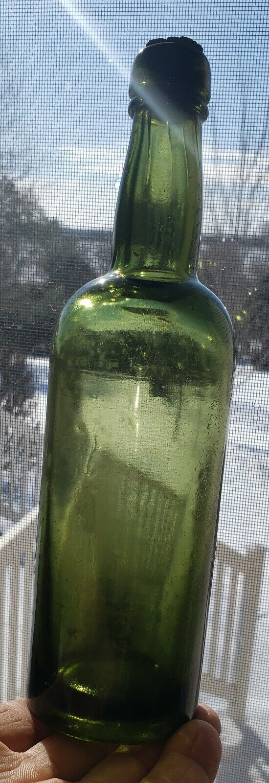 Antique Glass Bottle Olive Green Early Hand Blown Collectibles Rare w/cork.