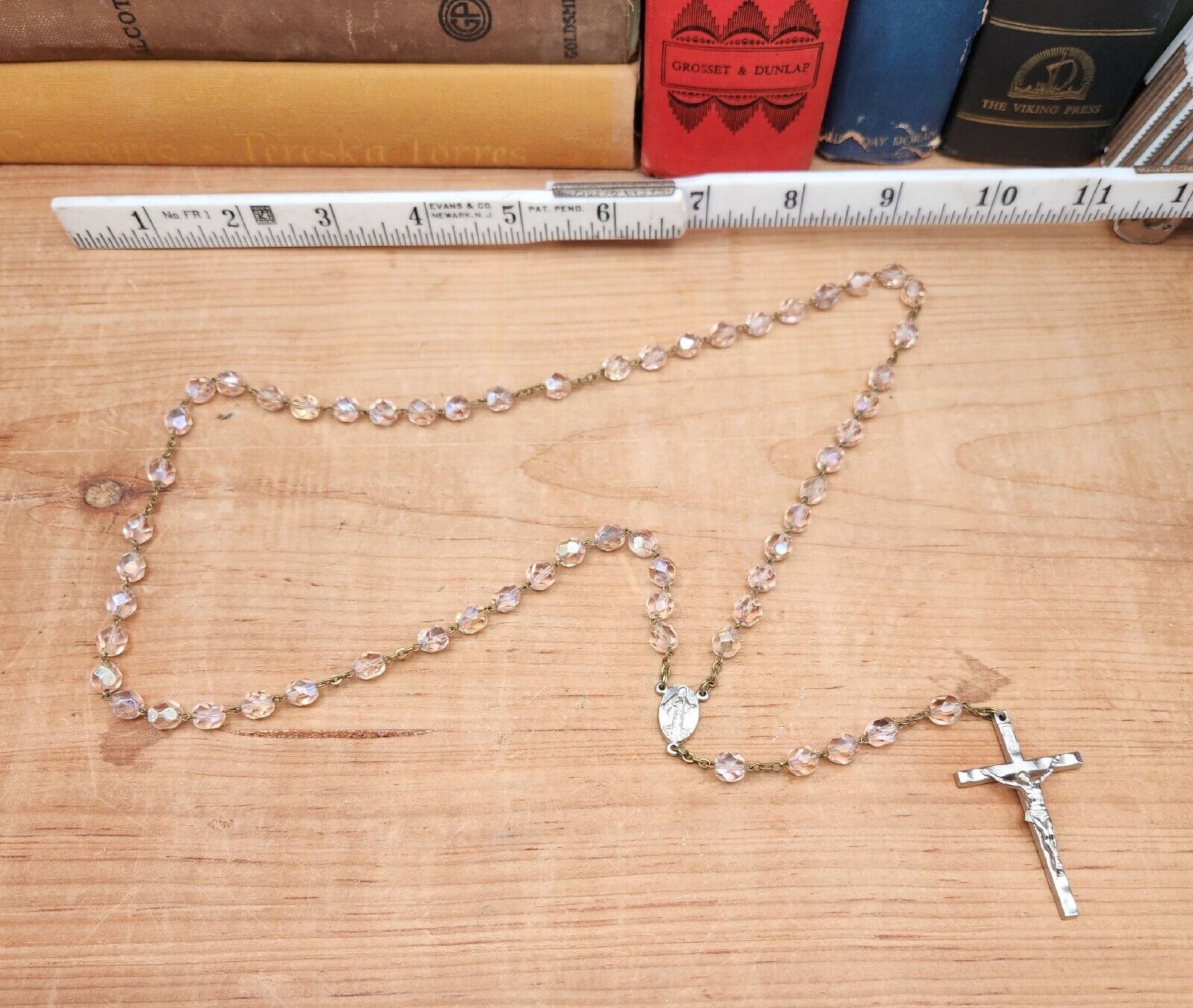 Vintage Pink Crystal Beaded Catholic Prayer Rosary Silver Tone Metal Cross 80s