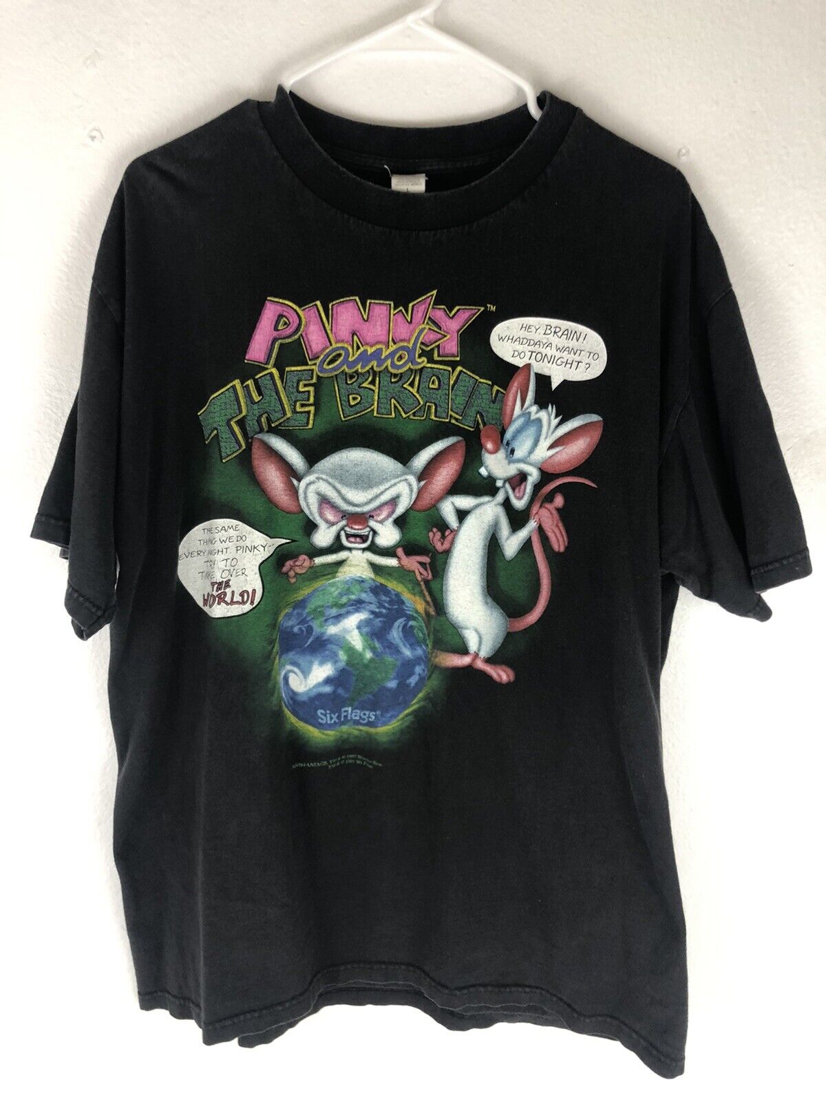 Vintage Pinky and the Brain 1997 Six Flags T Shirt Rare sz Large Double sided