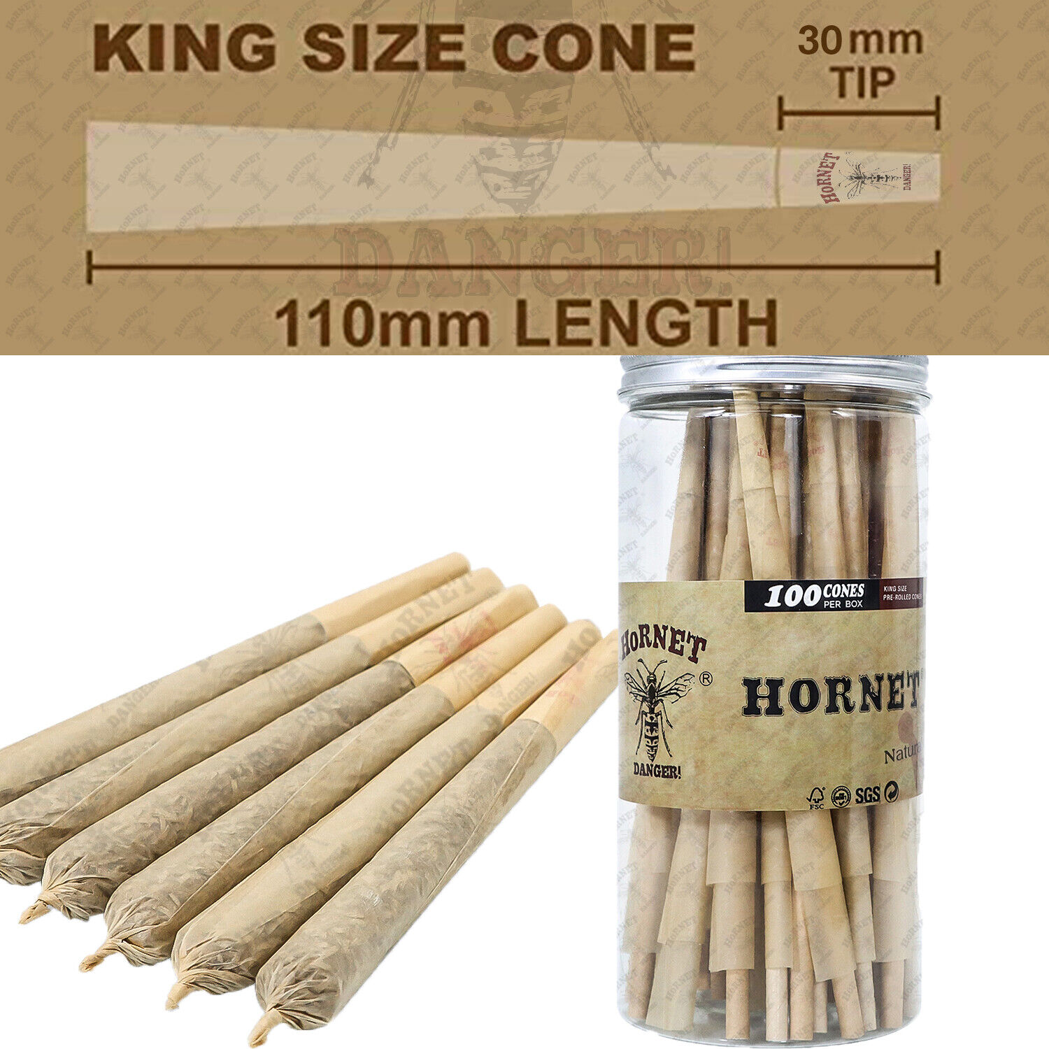 Authentic HORNET Cone King Size Pre-Rolled Cones W/Filter tips(102 CONES)