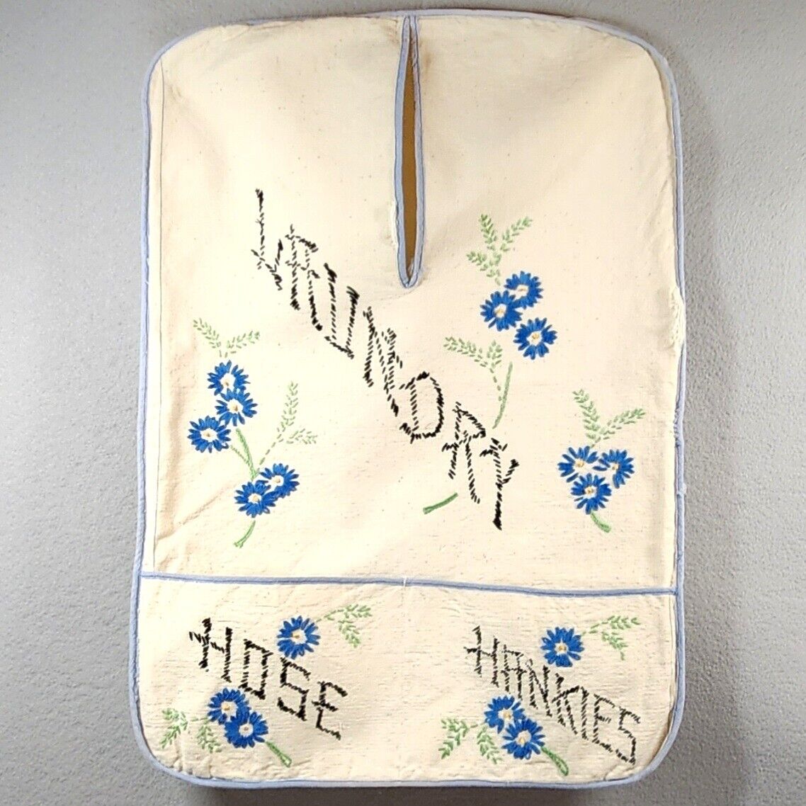 Laundry Bag Hand Stitched Embroidered VINTAGE Cornflowers Pockets Hose Hankies