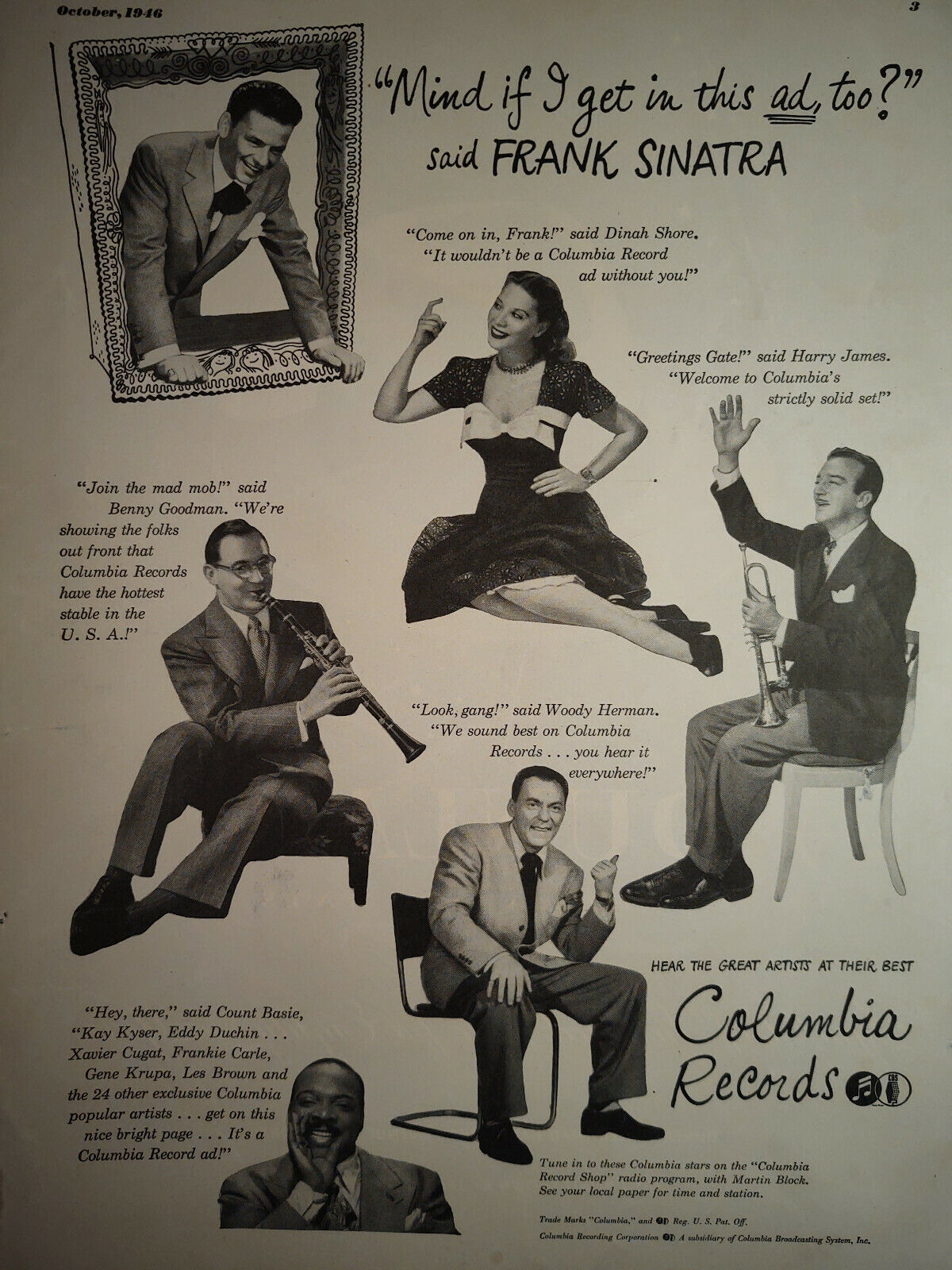 1946 Esquire Art WWII Era Ads Columbia Records Frank Sinatra Dunlap Hats