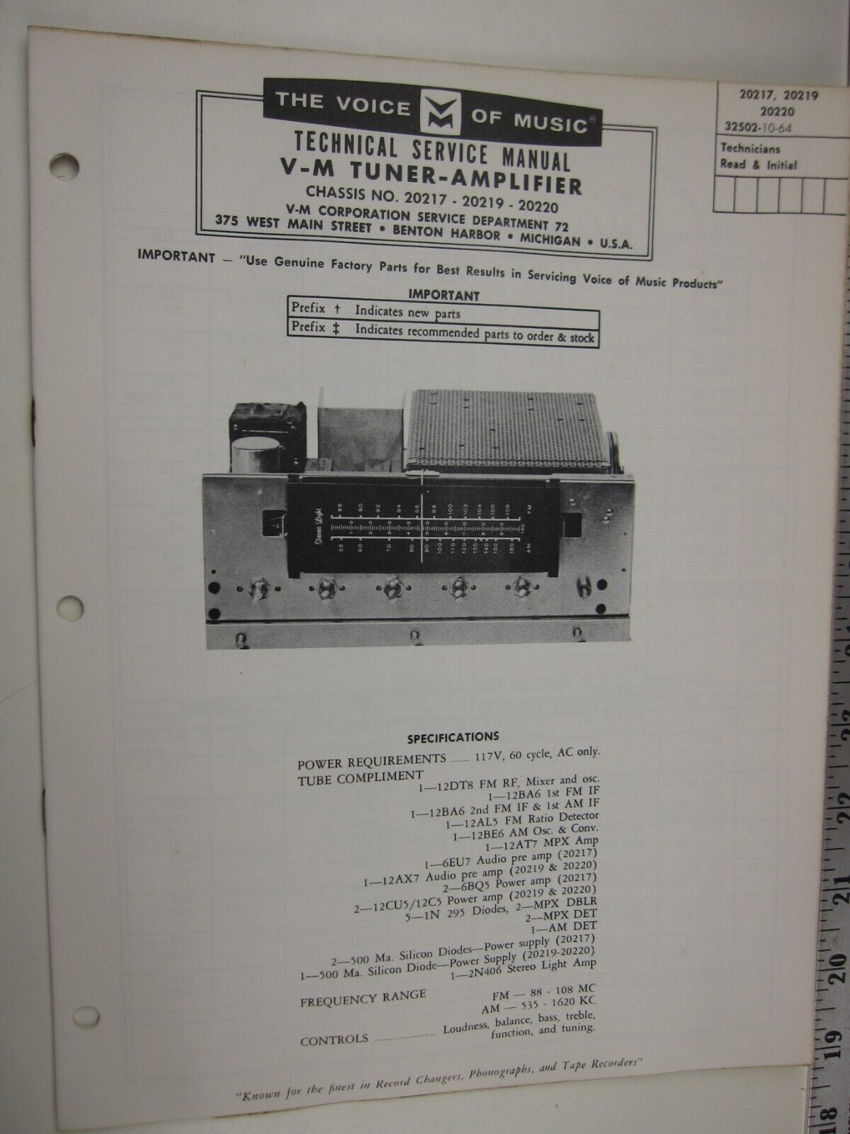 SF V-M Voice of Music Technical Service Manual  TUNER AMPLIFIER 20217, 20219 BIS