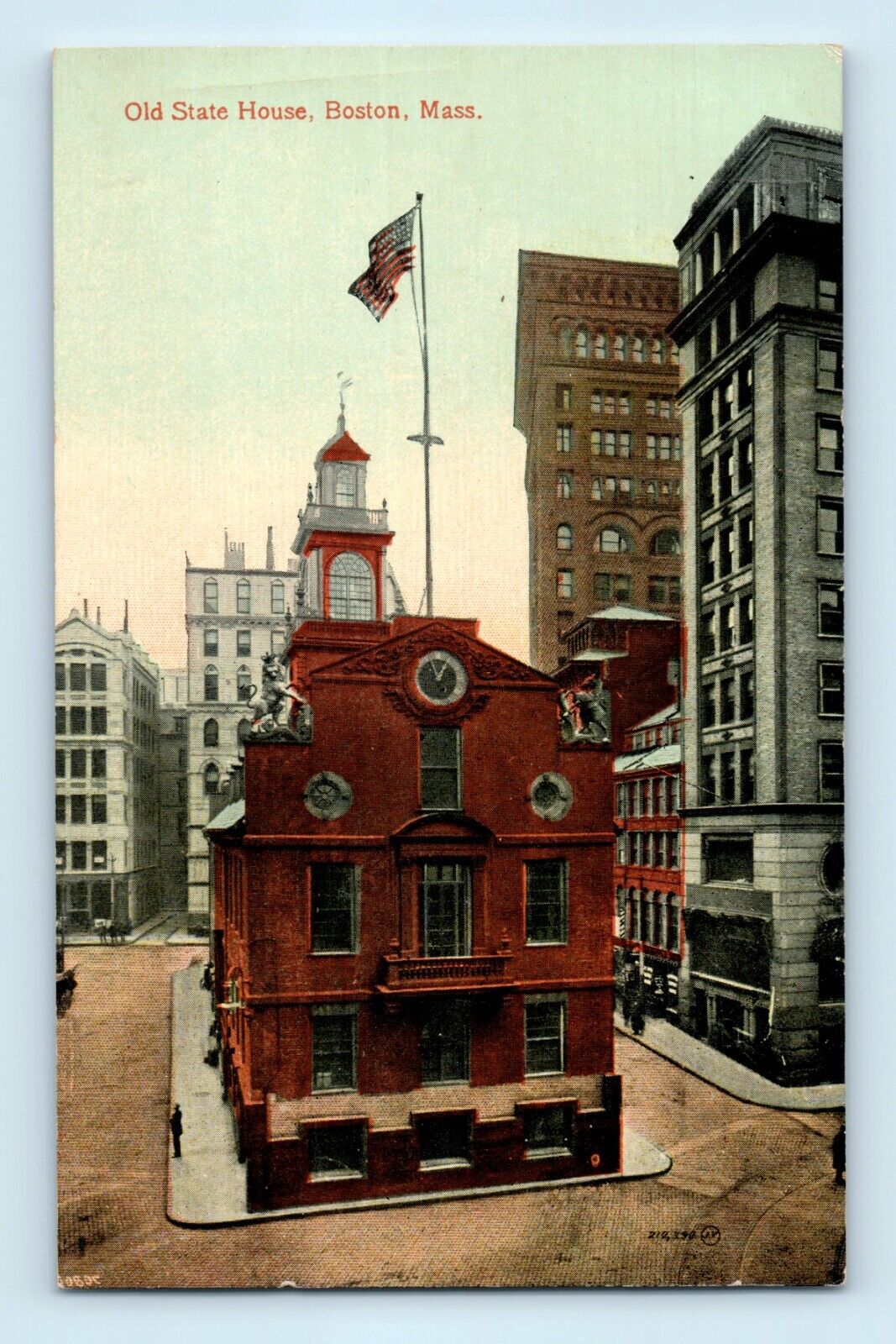 Old State House Boston Mass American Flag Pole Clock Lion Statues Postcard C2
