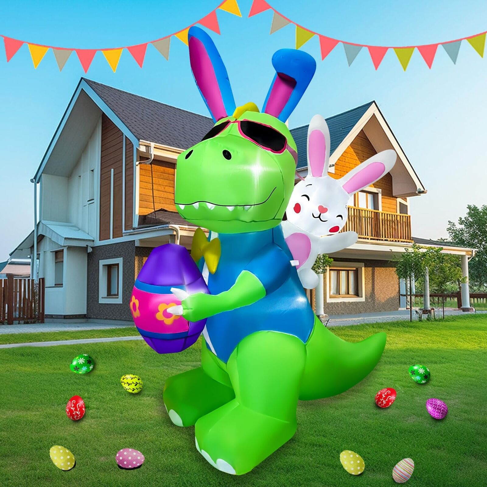 BLOWOUT FUN 6FT Easter Inflatable Dinosaur with Egg & Bunny Decoration Build-...