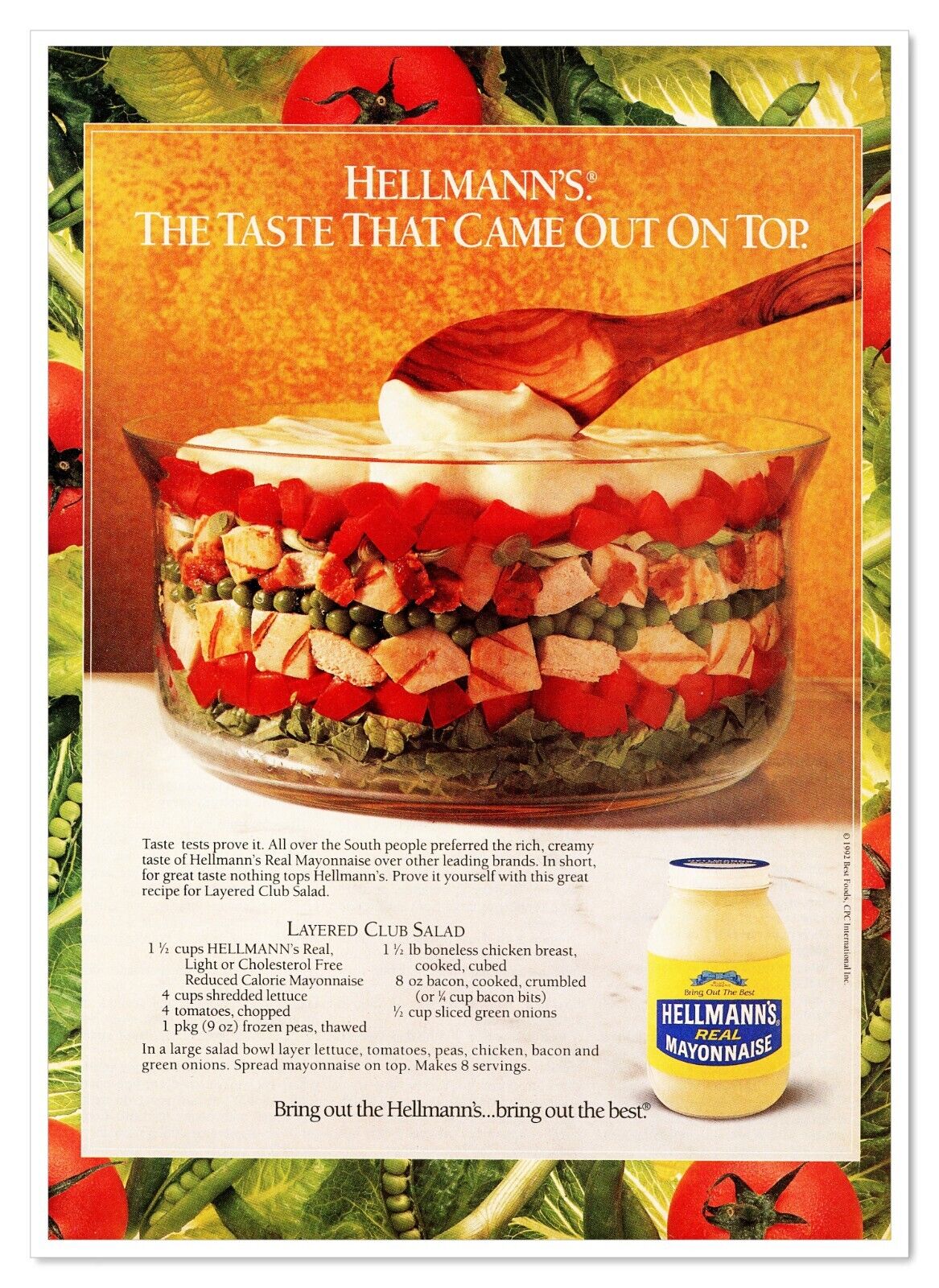 Hellmann\'s Mayonnaise Layered Club Salad Recipe Vintage 1992 Print Magazine Ad