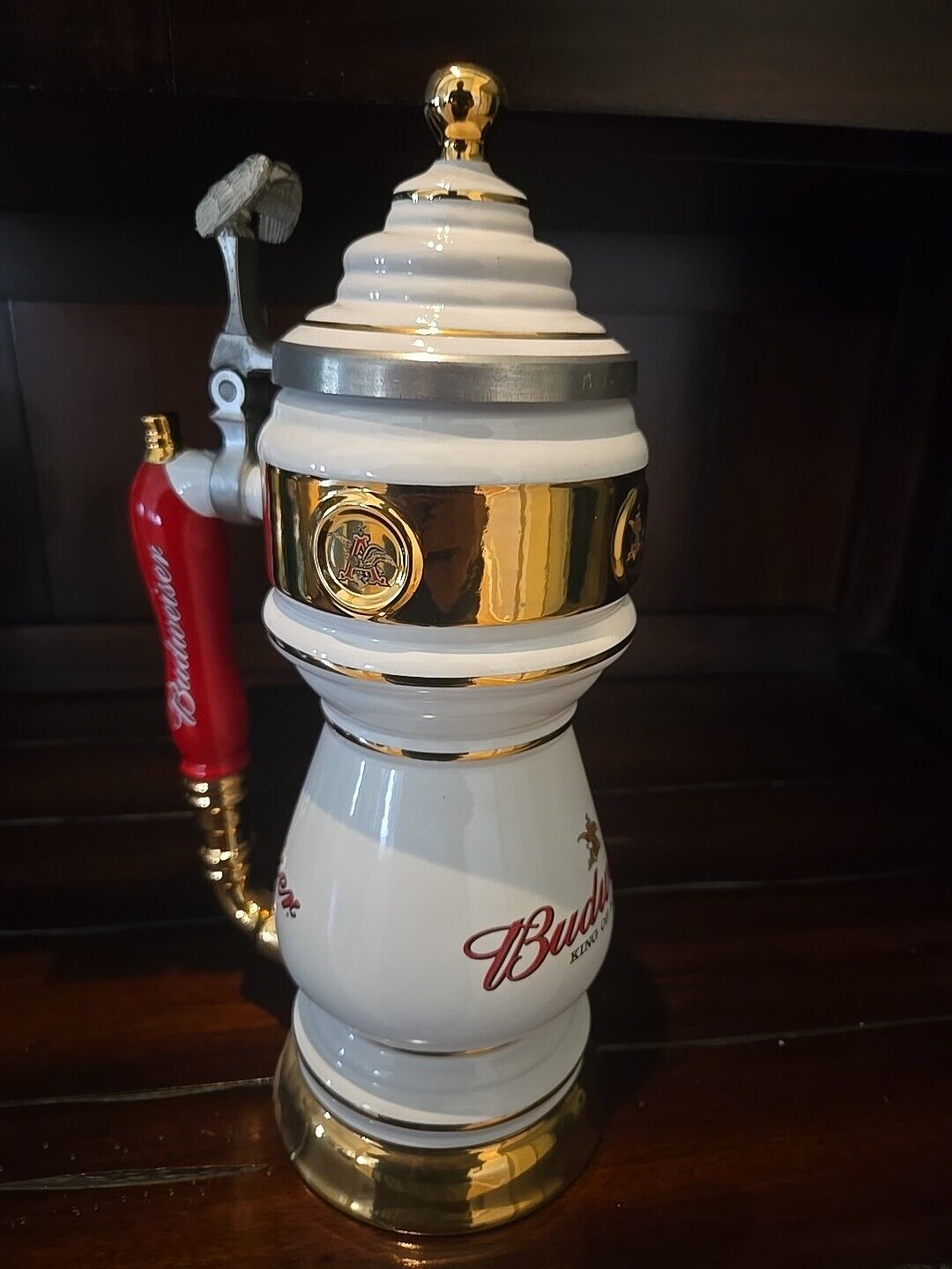 Franklin Mint Budweiser Stein Drought Tower Limited Edition White w/ Red Handle