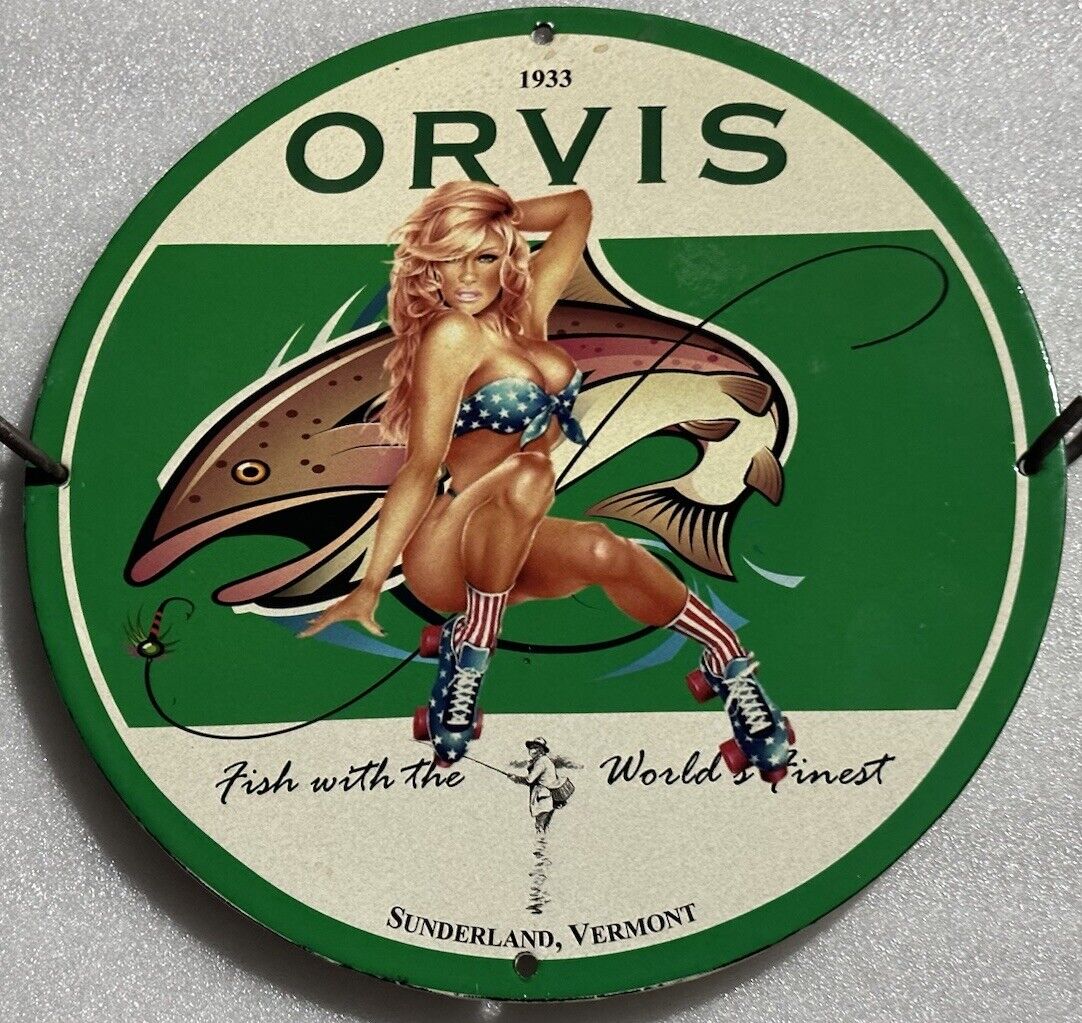 ORVIS FISHING EQUIPMENT SERVICES VERMONT SEXY GIRL PINUP PORCELAIN ENAMEL SIGN.