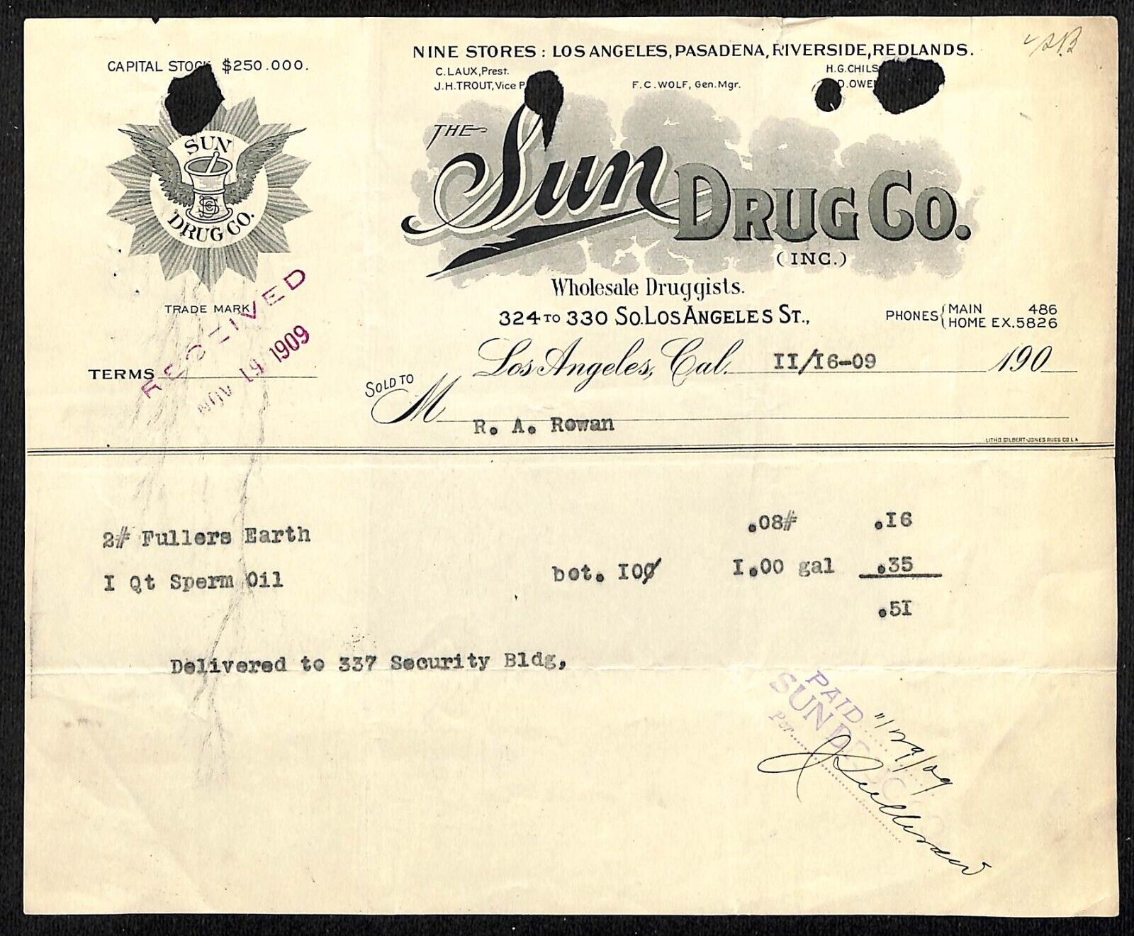 Sun Drug Co. Druggists Los Angeles 1909 Letterhead  - R.A. Rowan for Sperm Oil