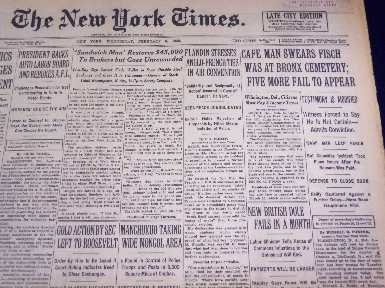 1935 FEB 6 NEW YORK TIMES - CAFE MAN SWEARS FISCH WAS AT BRONX CEMETARY- NT 1920