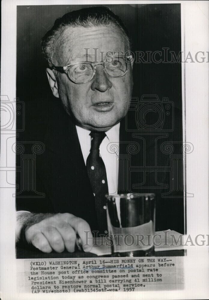 1957 Wirephoto Postmaster General Arthur Summerfield appears before House 10X7