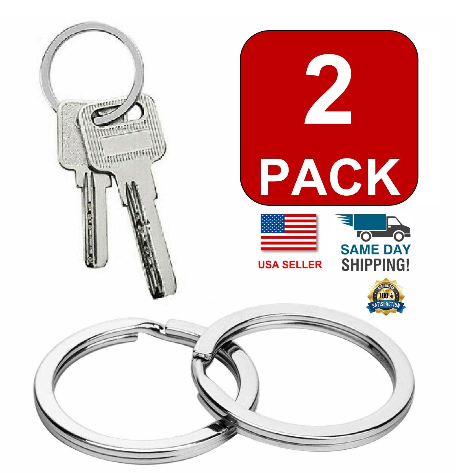 2-Pack Stainless Steel Metal Flat Key Rings Keyring Keychain Split Ring Hoop US
