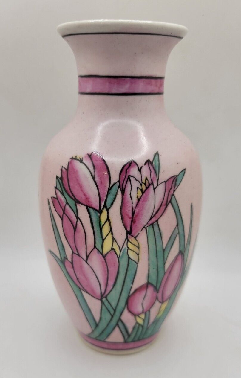 Vintage Handpainted Tulip Flower Vase Pink
