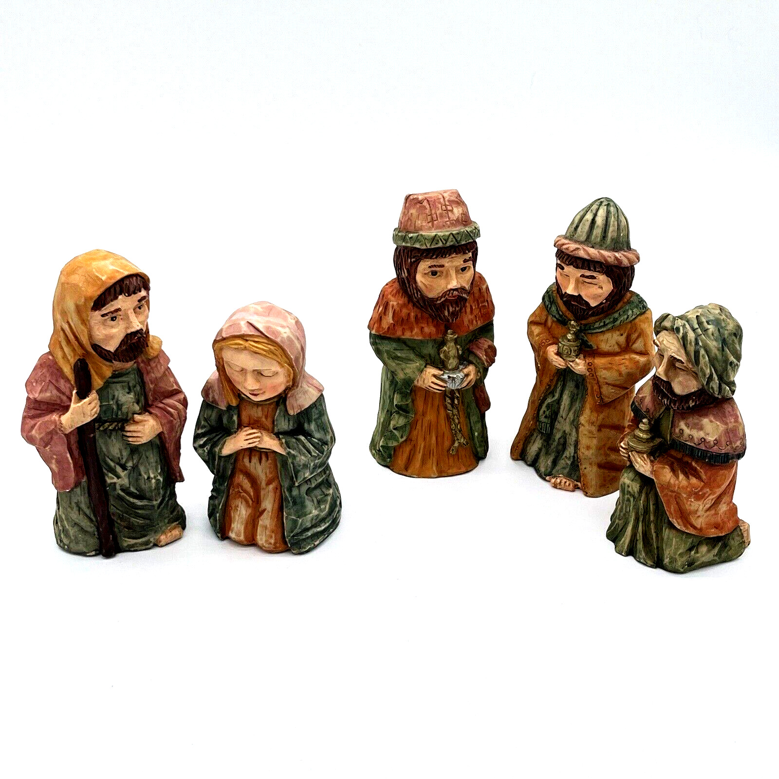 5 Creche Nativity Figures Mary Joseph Wise Men Wood Carving Look Resin 5\
