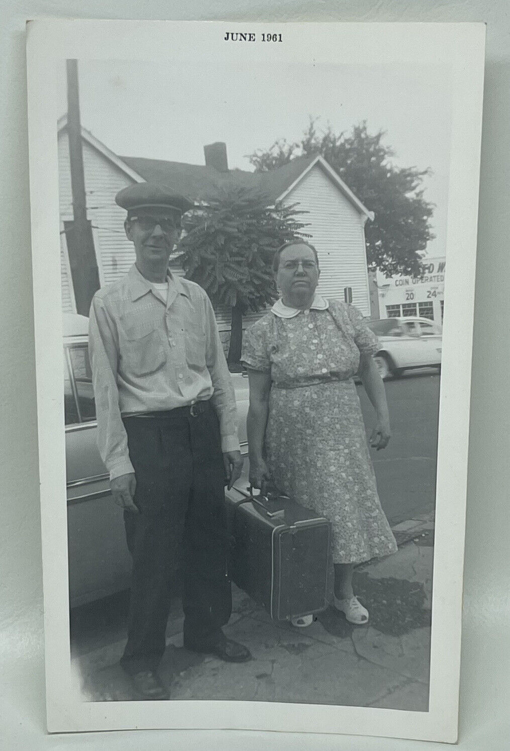 Vtg 60s Snapshot Photo Grandma and Grandaddy Taking A Trip Suitcase Newsboy Cap