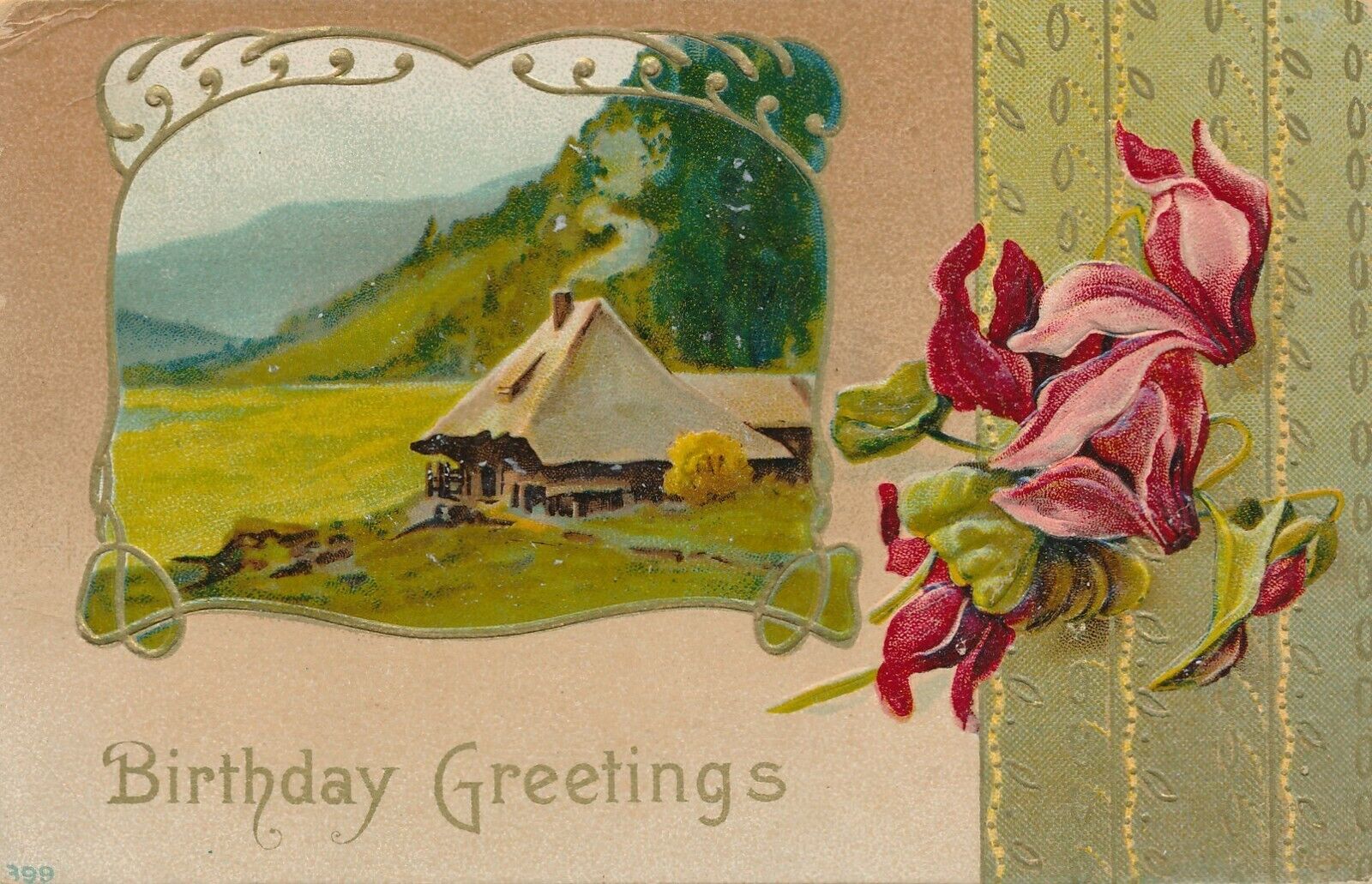 BIRTHDAY – Country Scene and Flowers Birthday Greetings - 1911