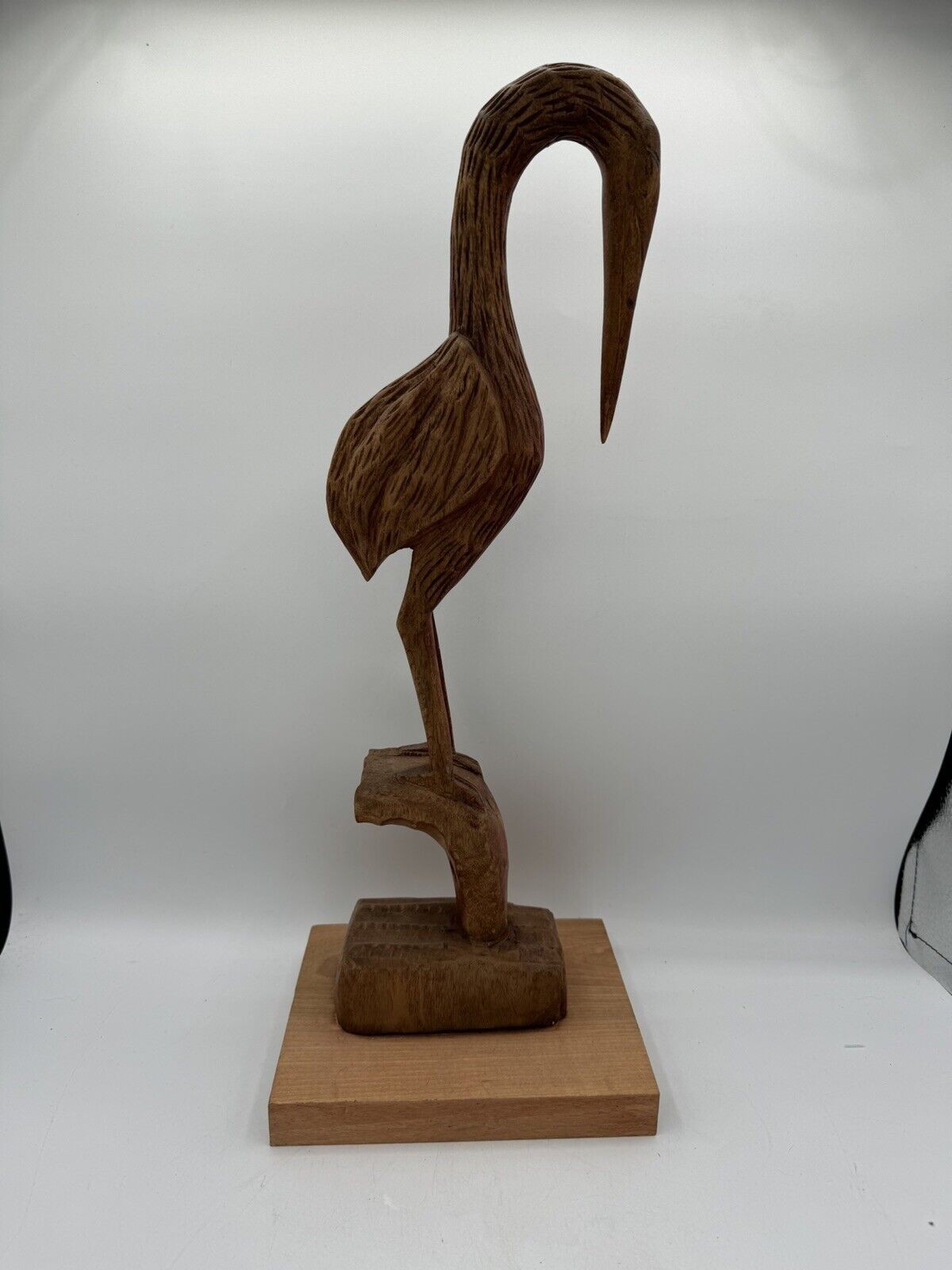 Vintage Hand Carved 18.75” Tall Wood Crane Heron Great Detail Fantastic