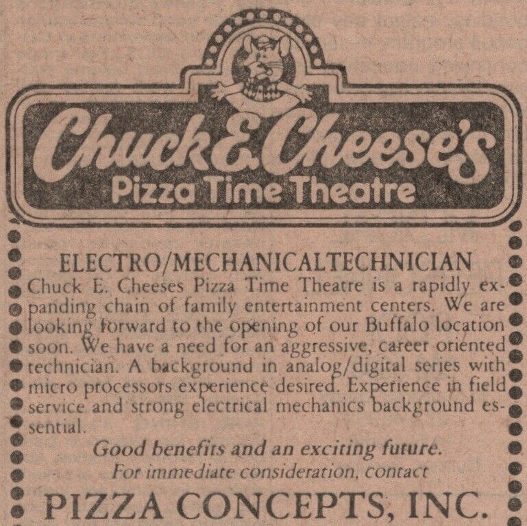 Chuck E Cheese’s Pizza Time Vtg. 1982 Newspaper Classified Ad Print 80s Employee