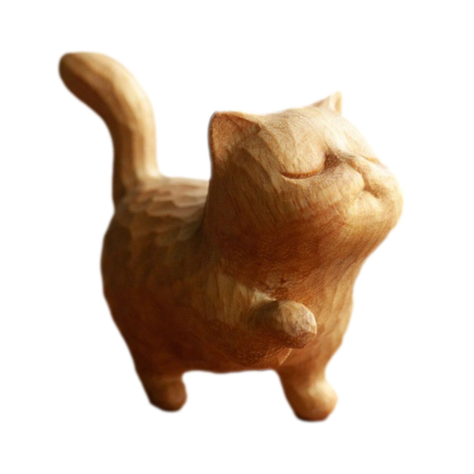 1-4PCS Cat Statues Home Decor Wooden Sculpture Hand Carved Craft Cute Cat Statue