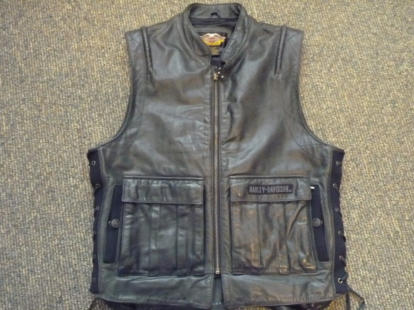 Harley Davidson  Black Heavy Leather Vest Side Lace - Men's Large - Distressed