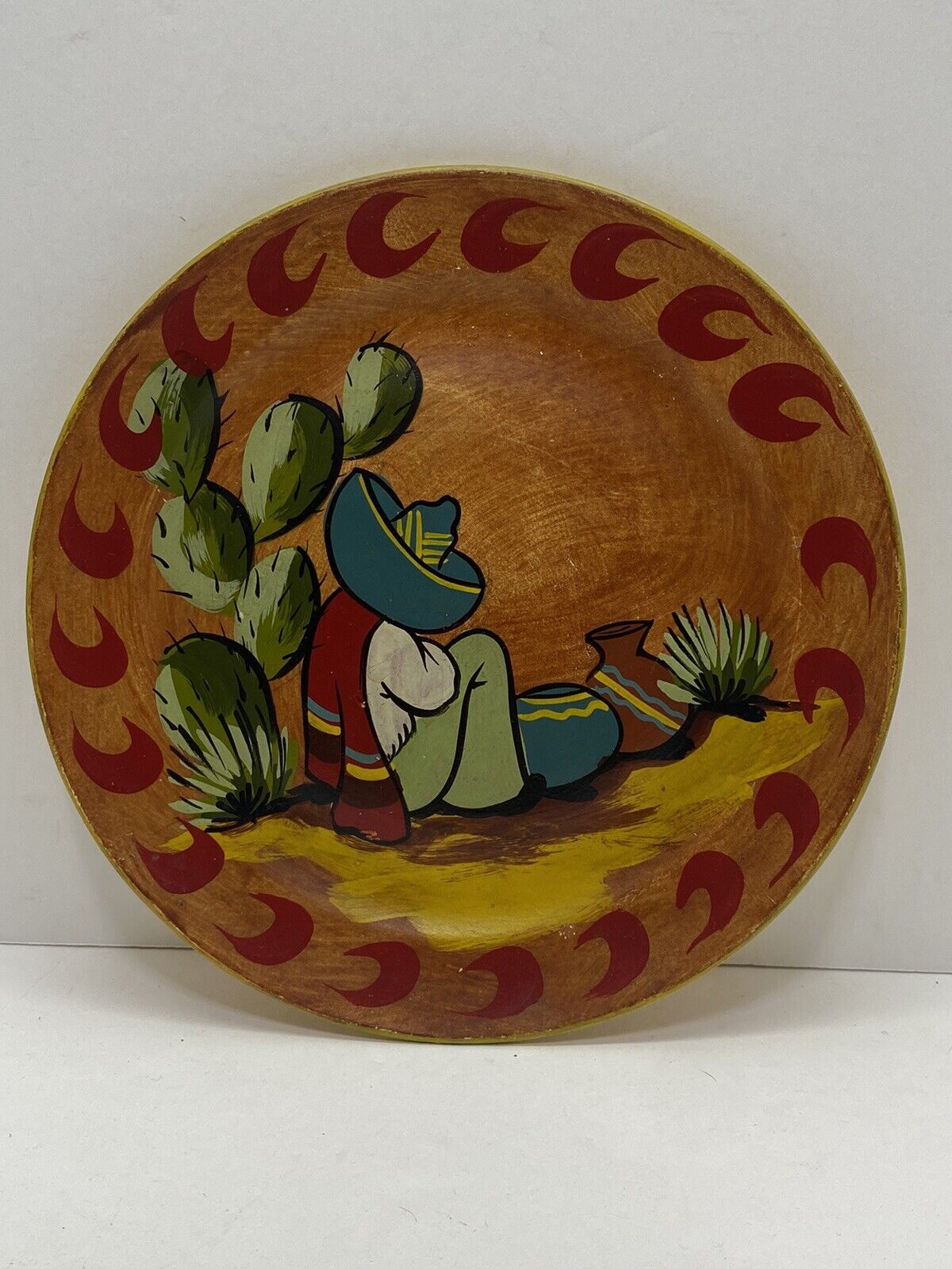 MEXICAN POTTERY Dinner Plate Vintage Folk Art Painting Antique South Western