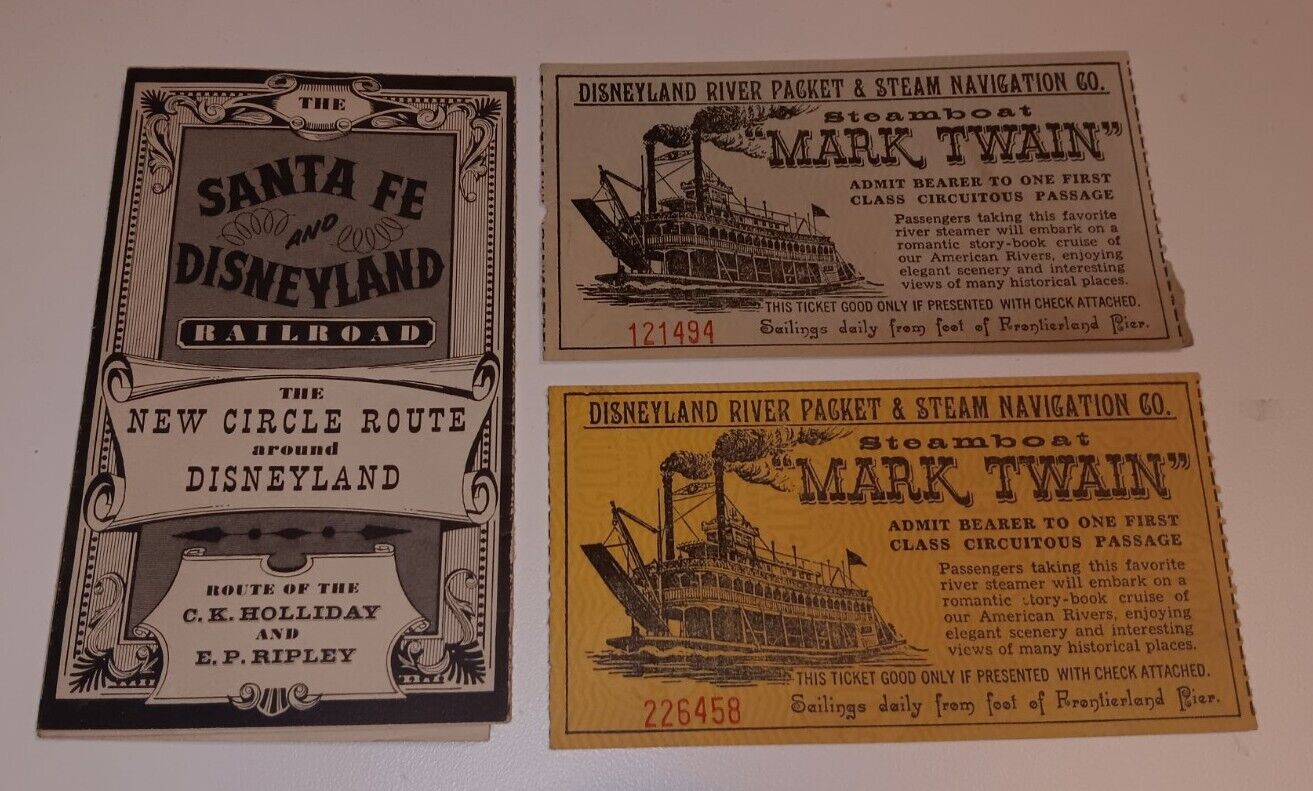 Rare 1955 Santa Fe an Disneyland Railroad Park Map Brochure + Mark Twain Tickets