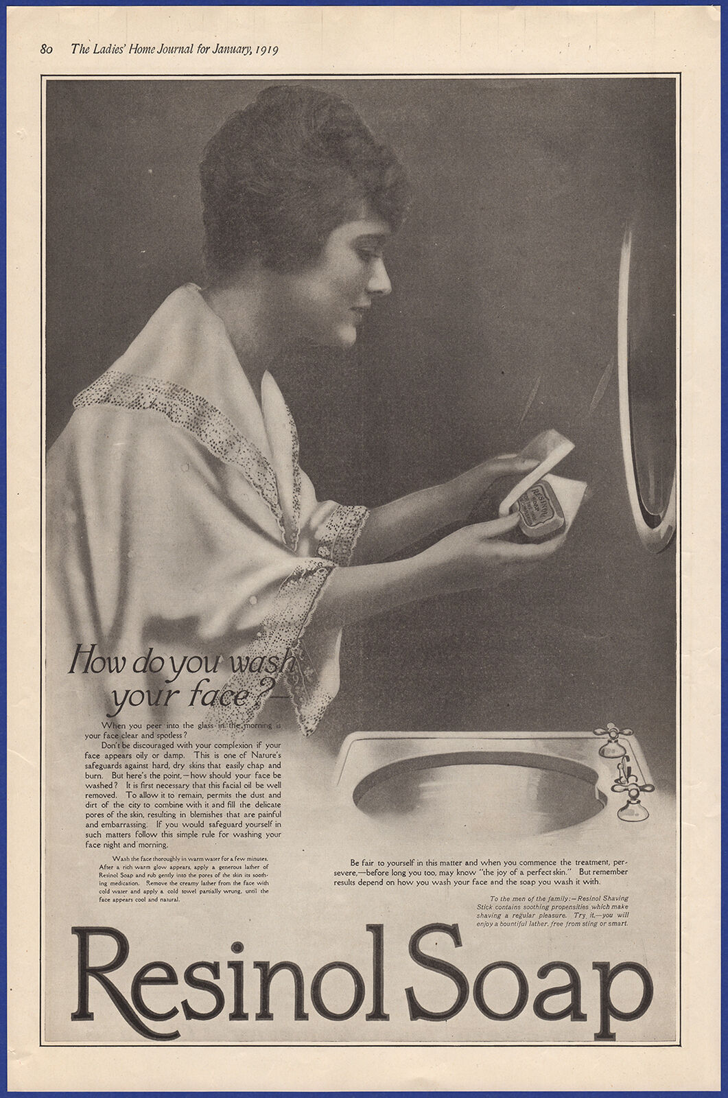 Vintage 1919 RESINOL SOAP Beauty Complexion Bathroom Art Decor Ephemera Print Ad
