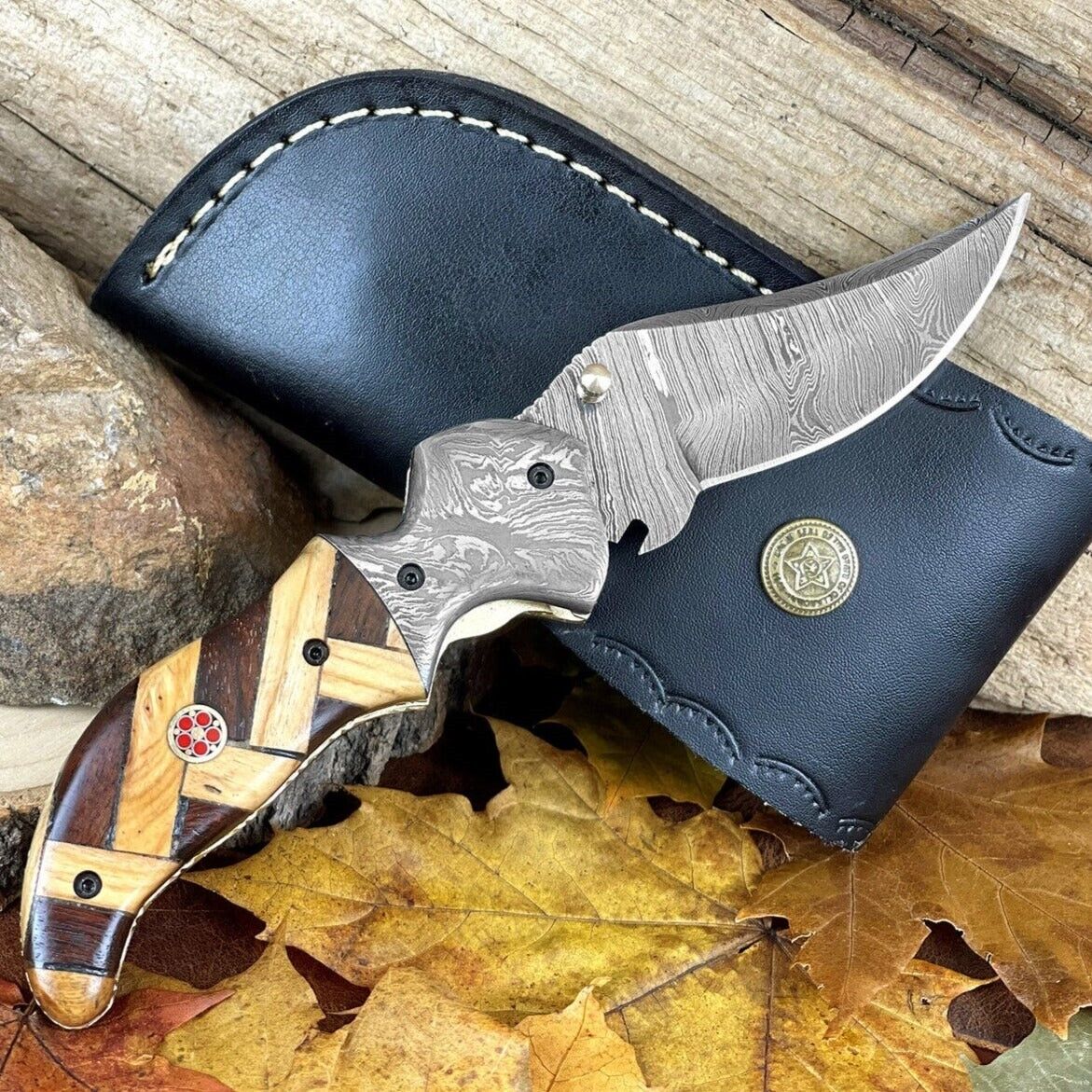 Personalized Engraved Pocket Knife Custom Damascus Hunting Folding Knife Sheath