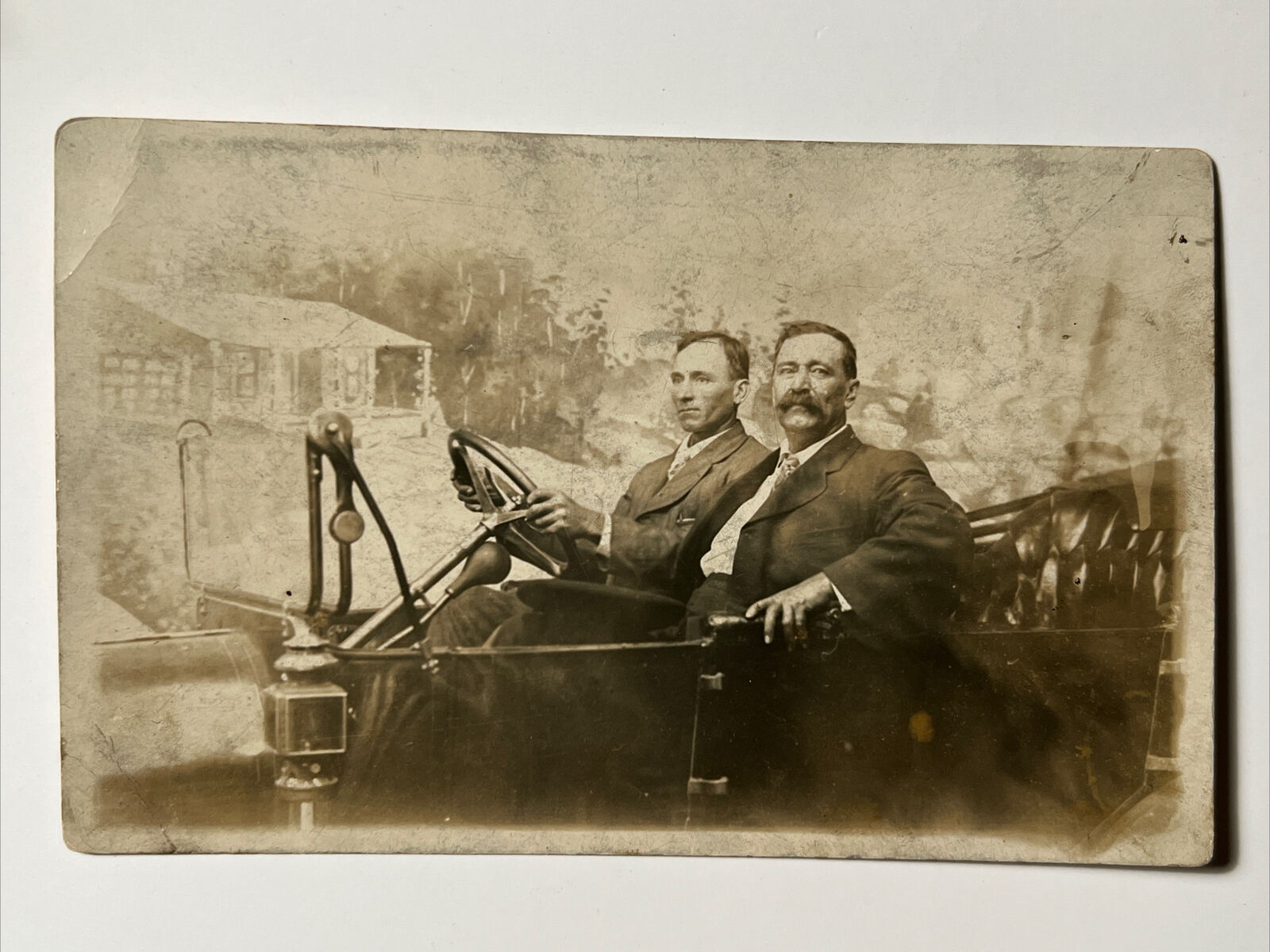 c. 1909 Two well-dressed Men sitting in CAR RPPC Real Photo Postcard