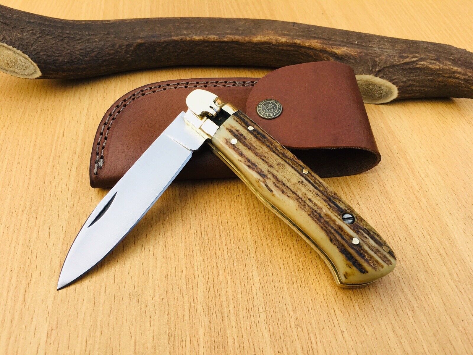 BS-1985 HANDMADE PUSH BUTTON SPRING ASSISTED LOCK FOLDING KNIFE WITH DEER ANTLER
