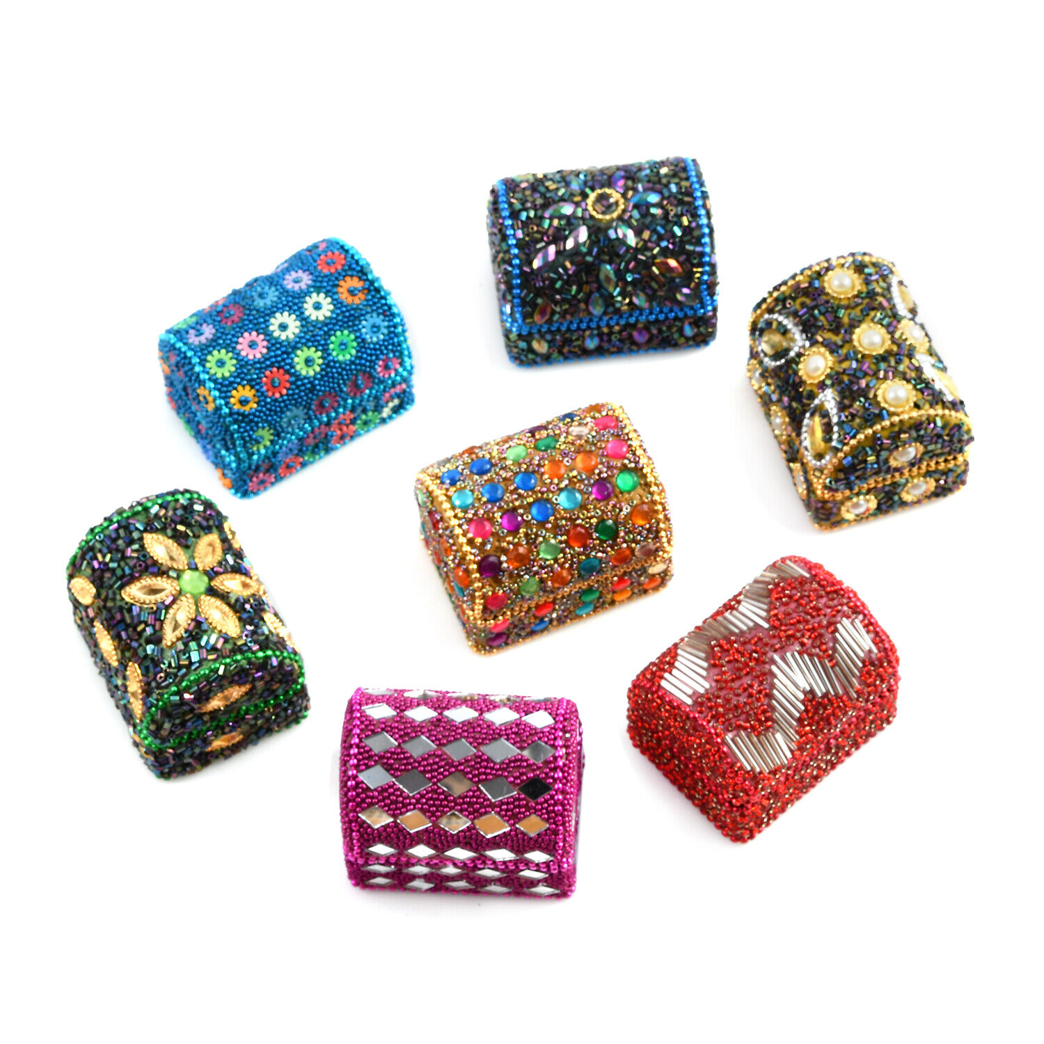 Set of 7 Multi Color Wooden Beaded Treasure Chest Jewelry Organizer Box Decor