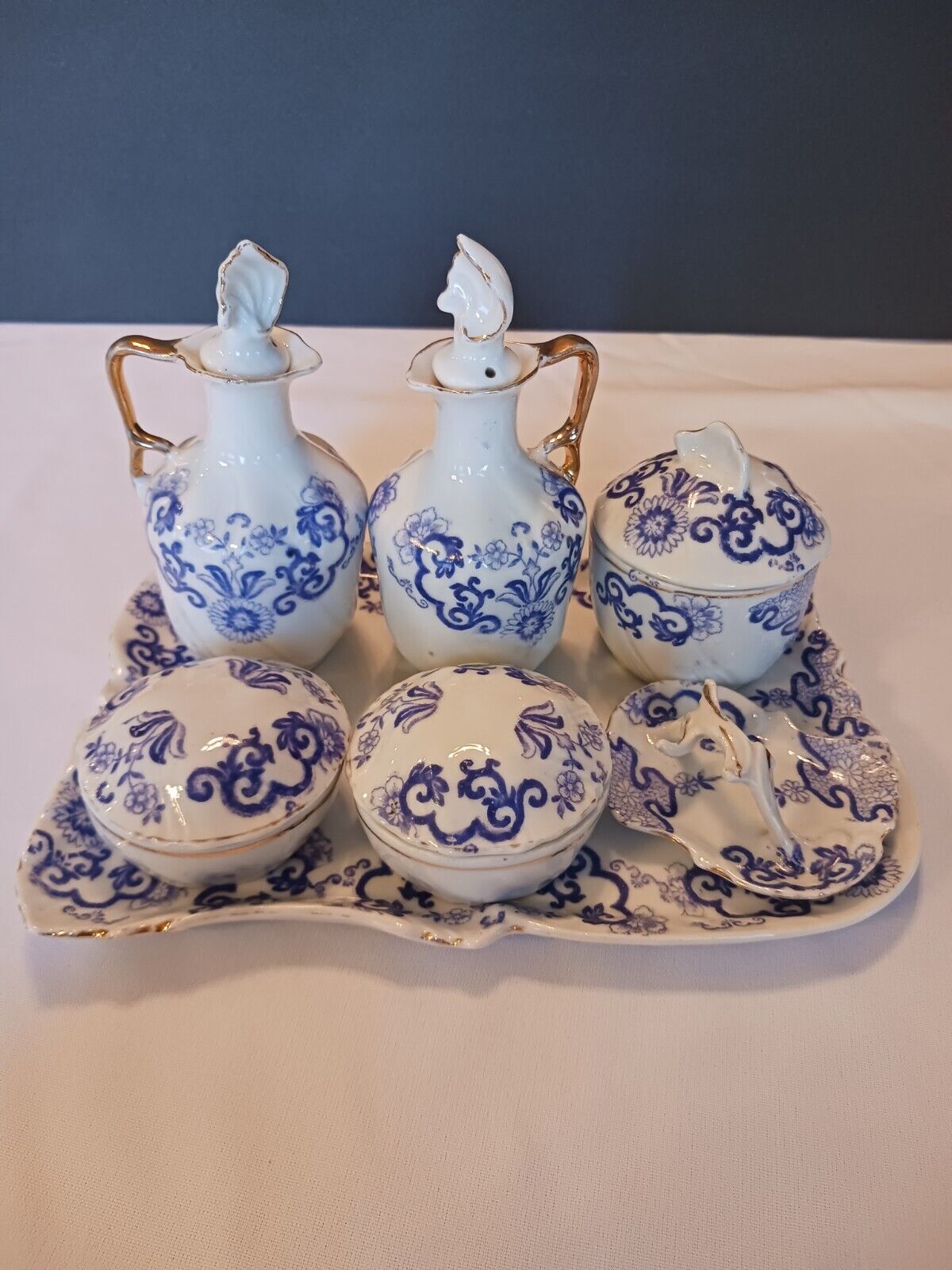 Rare Vintage Antique China Blue Danube Hand Painted Dresser Vanity Set Japan