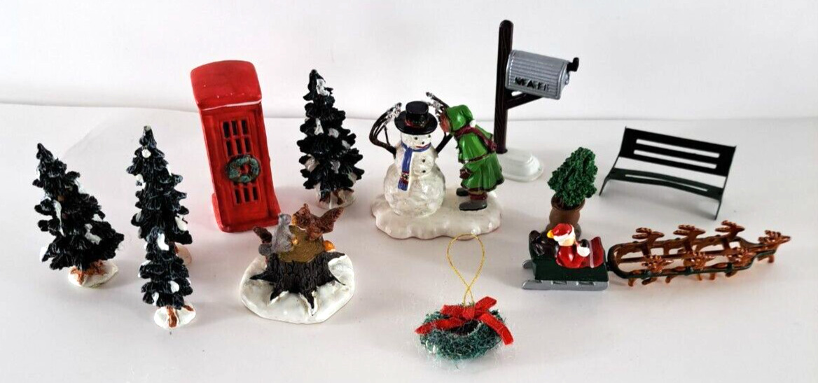 Christmas Village Villager Accessories Lemax Phone Mailbox Trees Snowman Bench