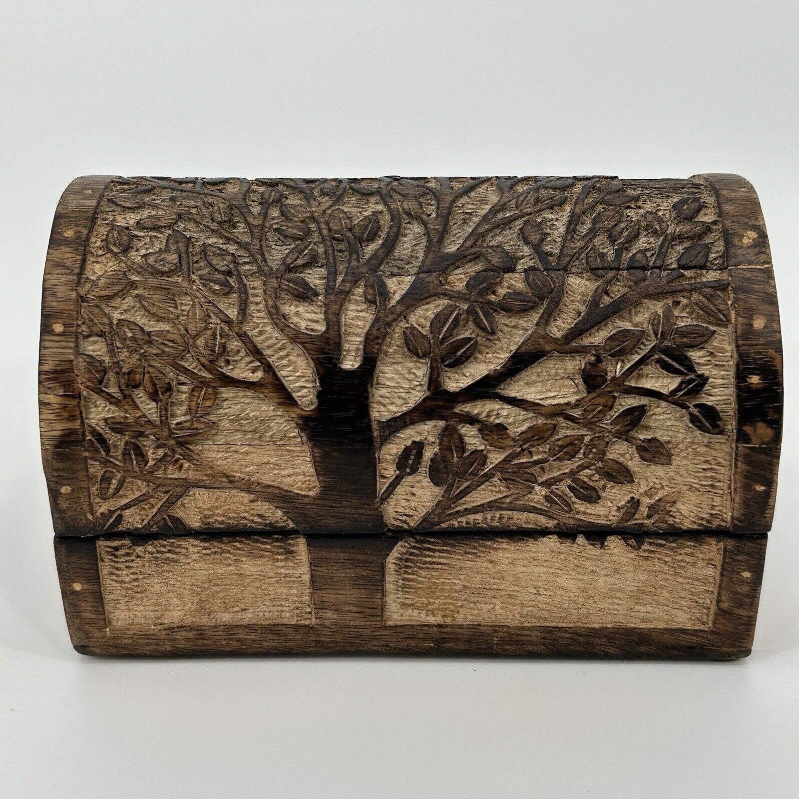 Carved Wooden Trinket Box Domed Lid Hinges Tree Of Life