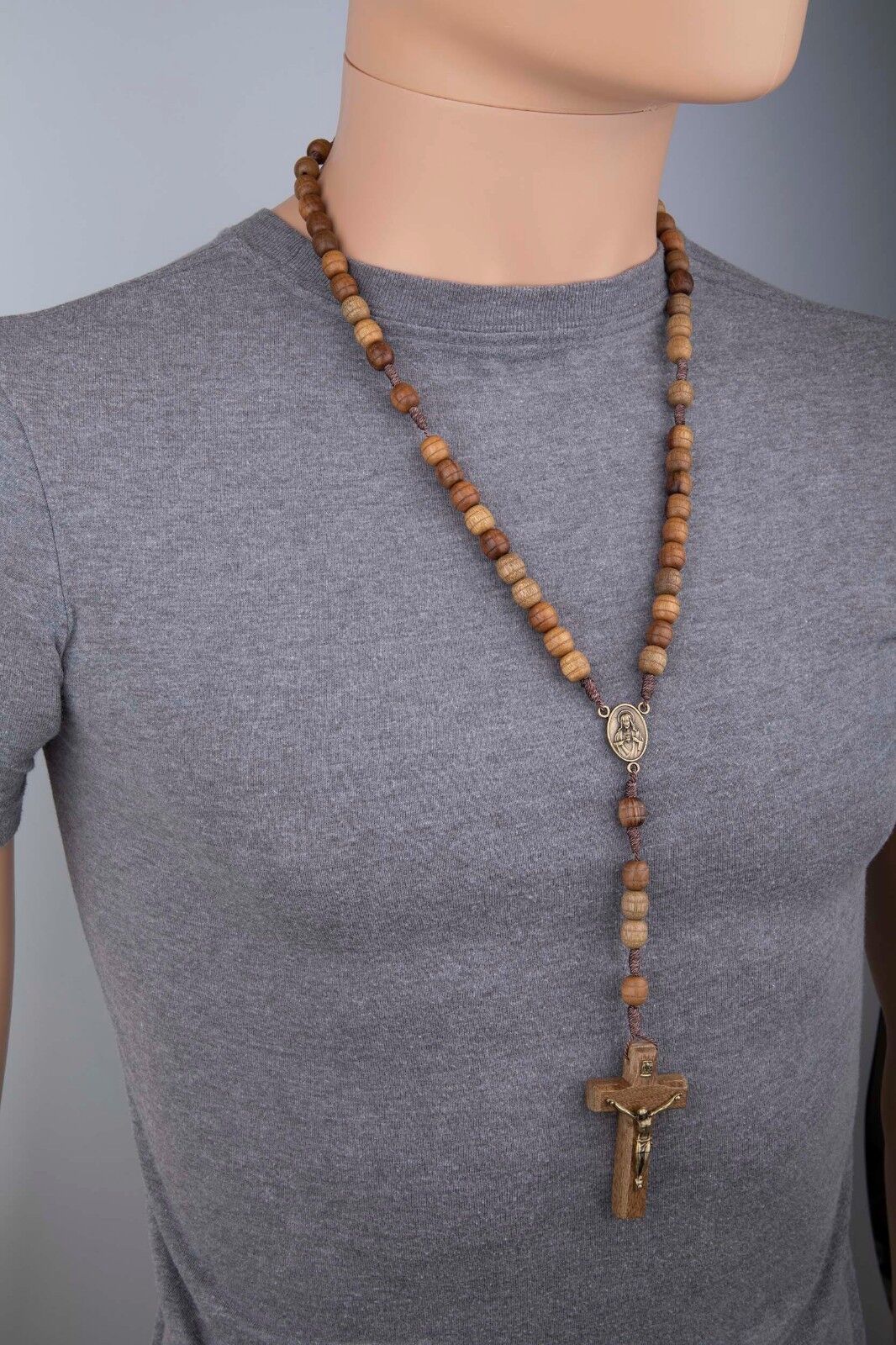 Rosary Necklace for Men Wooden Brown Carved Beads Strong Cord Rope Catholic